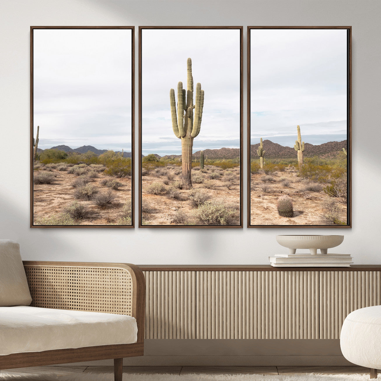 96147924-MGV-FC-48X32-3P_Walnut-Saguaro Cactus Wall Art – Framed Desert Canvas Artwork, Earthy Southwest Design, Boho Nature Decor for Home, Office