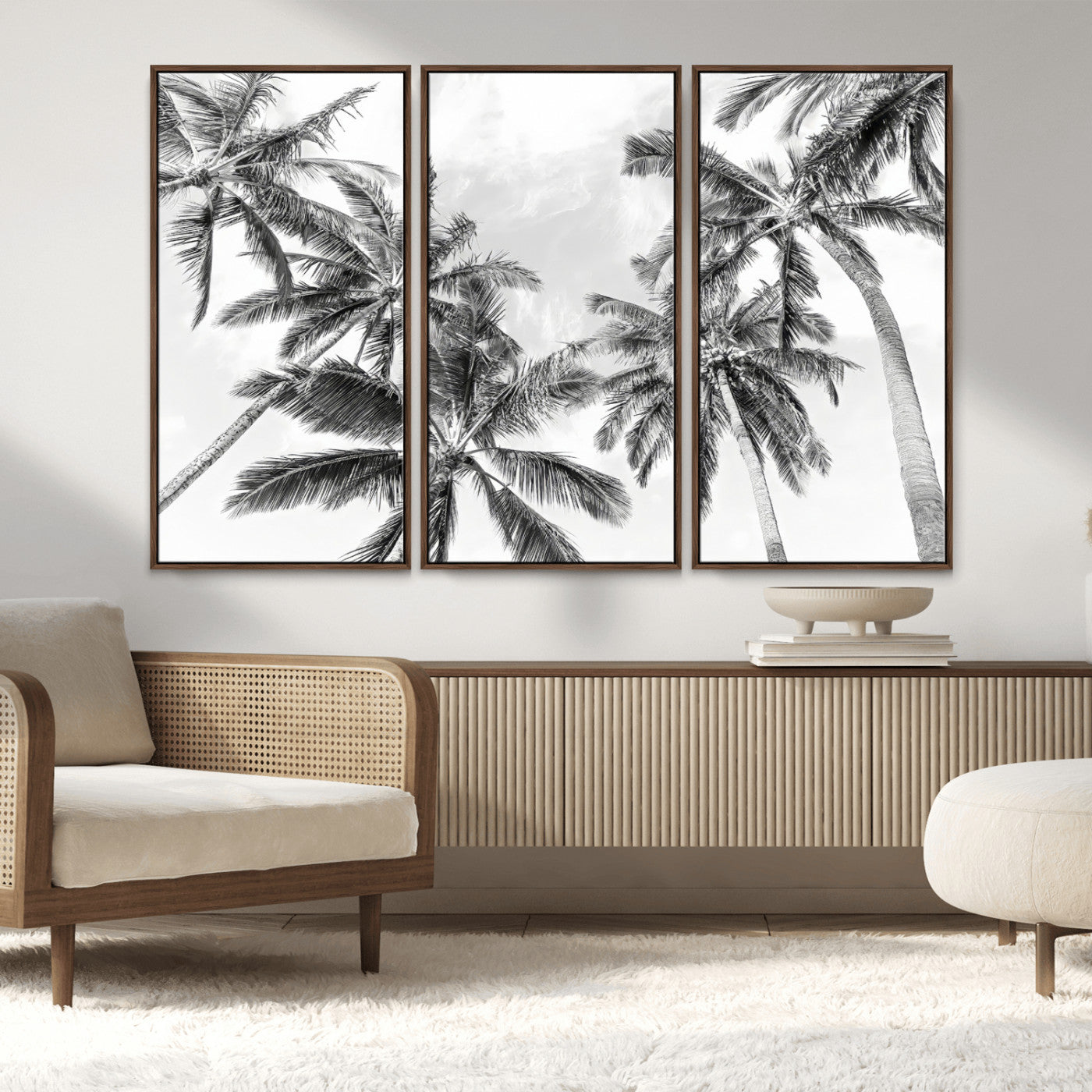 MGV-FC-48X32-3P - Black White Palm Wall Art Canvas Print, Framed Monochrome Tropics Art Picture Print, Minimalist Beach Perfect Coastal Minimalist Decor Artwork