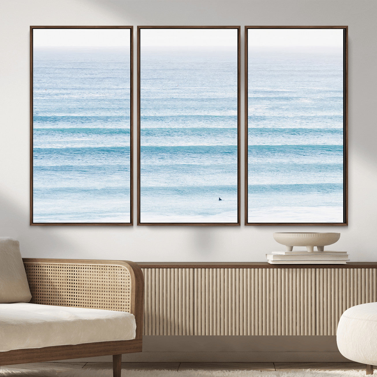 77145995-MGV-FC-48X32-3P_Walnut-Ocean Wave Surfer Wall Art – Framed Minimal Seascape Canvas Artwork, Calm Blue Water Design, Coastal Decor for Home, Office