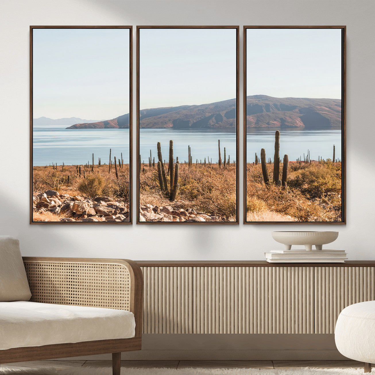 45193515-MGV-CV-36X24-Desert Lake Wall Art – Framed Cactus Mountain Canvas Artwork, Earthy Southwest Design, Rustic Nature Decor for Home, Office