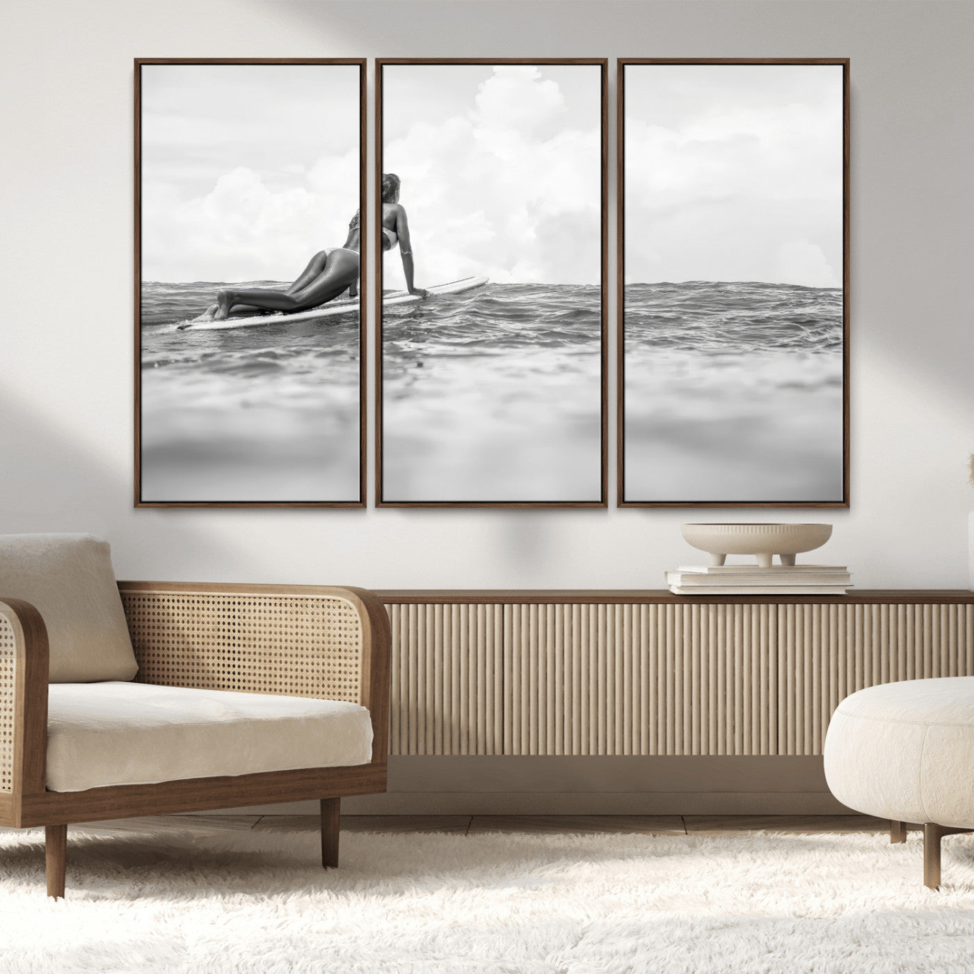 69798068-MGV-FC-48X32-3P_Walnut-Black and White Surfing Wall Art Canvas Print – Framed Ocean Horizon with Surfer Girl Coastal Adventure Artwork for Home, Office