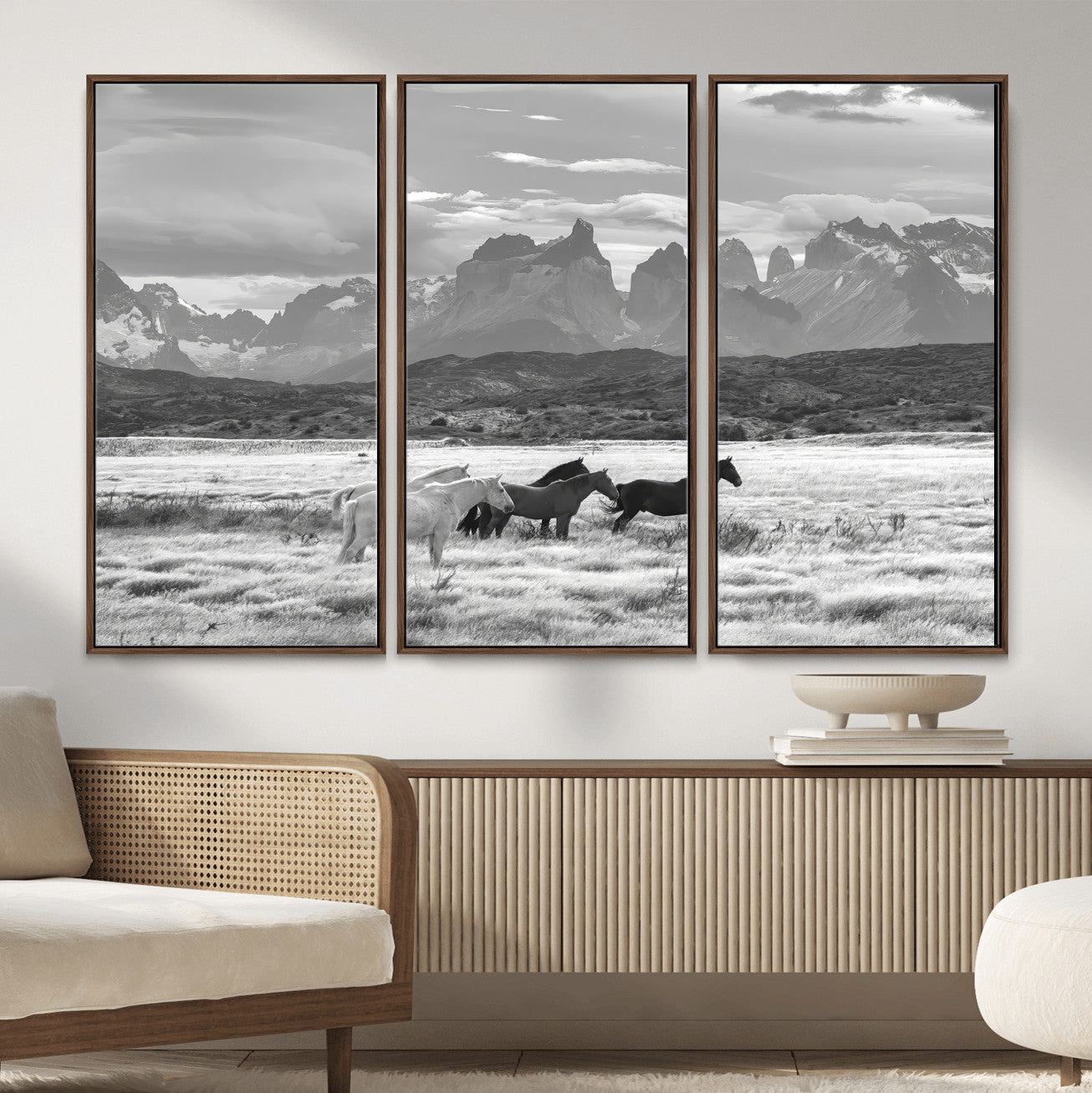MGV-FC-48X32-3P - Wild Horses Wall Art Canvas Print, Framed Black White Mountains Art Picture Print, Rustic Countryside Perfect Rustic Western Decor Artwork