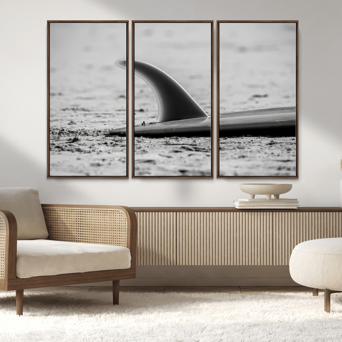 MGV-FC-48X32-3P - Black White Surfboard Wall Art Canvas Print, Framed Minimalist Beach Art Picture Print, Surf Fin Perfect Minimalist Coastal Decor Artwork
