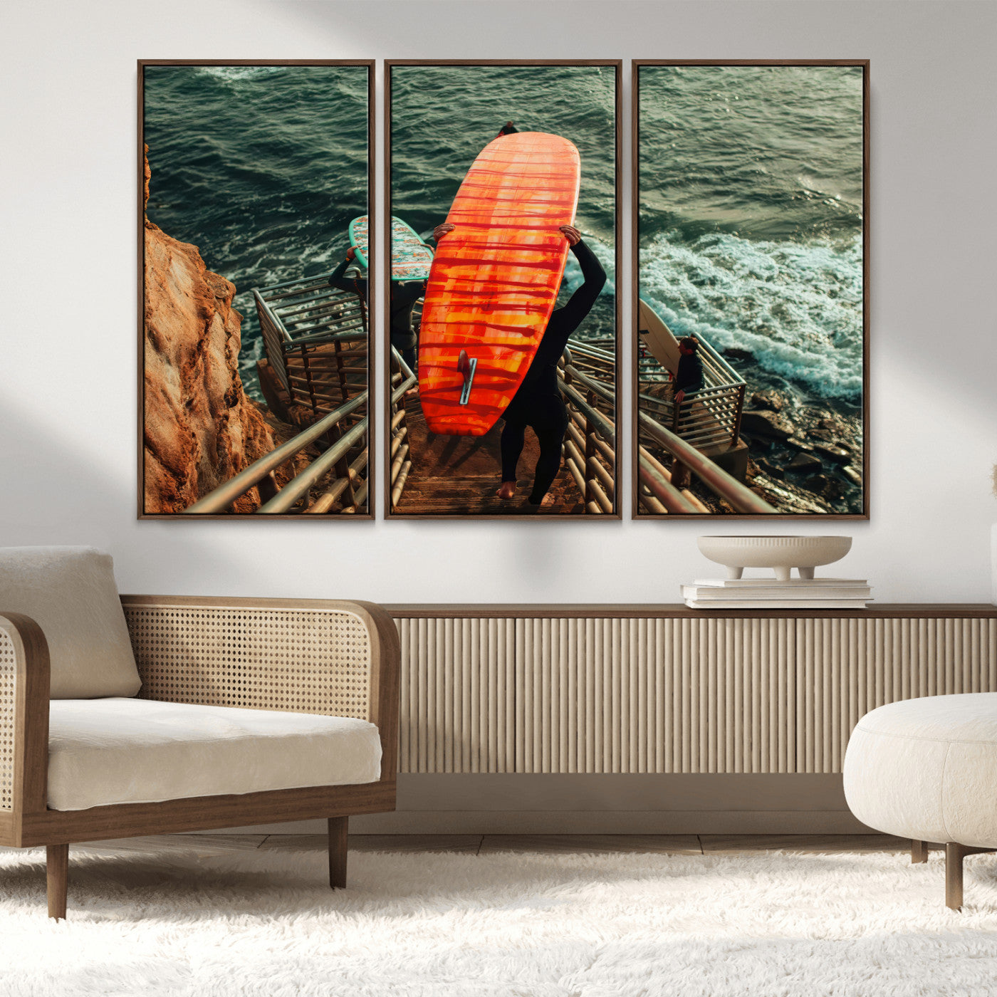 MGV-FC-48X32-3P - Surfer Stairway Wall Art Canvas Print, Framed Ocean Surf Art Picture Print, Sunset Coastal Perfect Coastal Adventure Decor Artwork