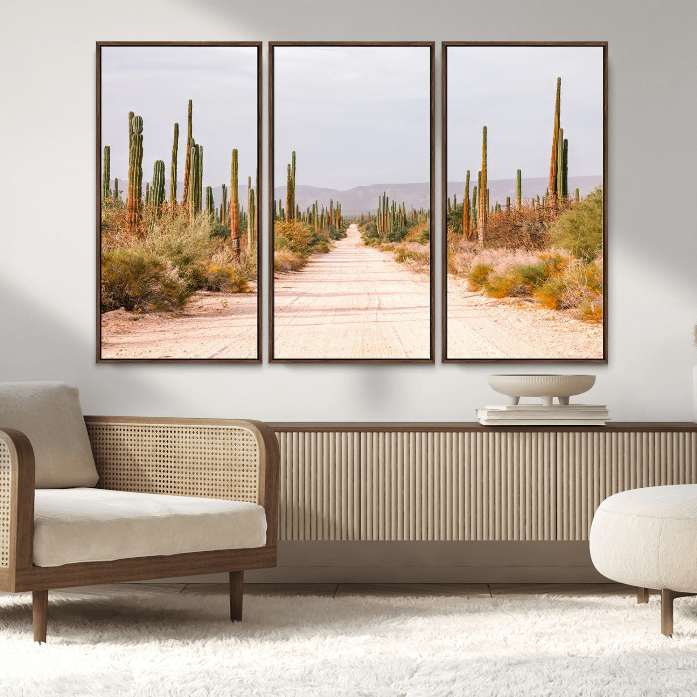 MGV-FC-48X32-3P - Desert Cactus Lined Road Wall Art Canvas Print, Framed Southwestern Landscape Art Picture Print, Bohemian Western Aesthetic Perfect Southwestern Boho Decor Artwork