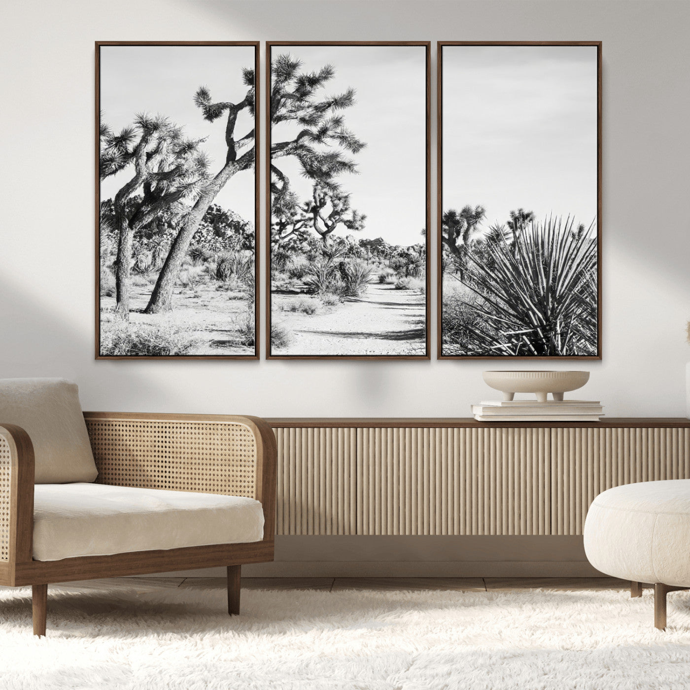 MGV-FC-48X32-3P - Joshua Tree Wall Art Canvas Print, Framed Desert Path Art Picture Print, Monochrome Desert Perfect Minimalist Desert Decor Artwork