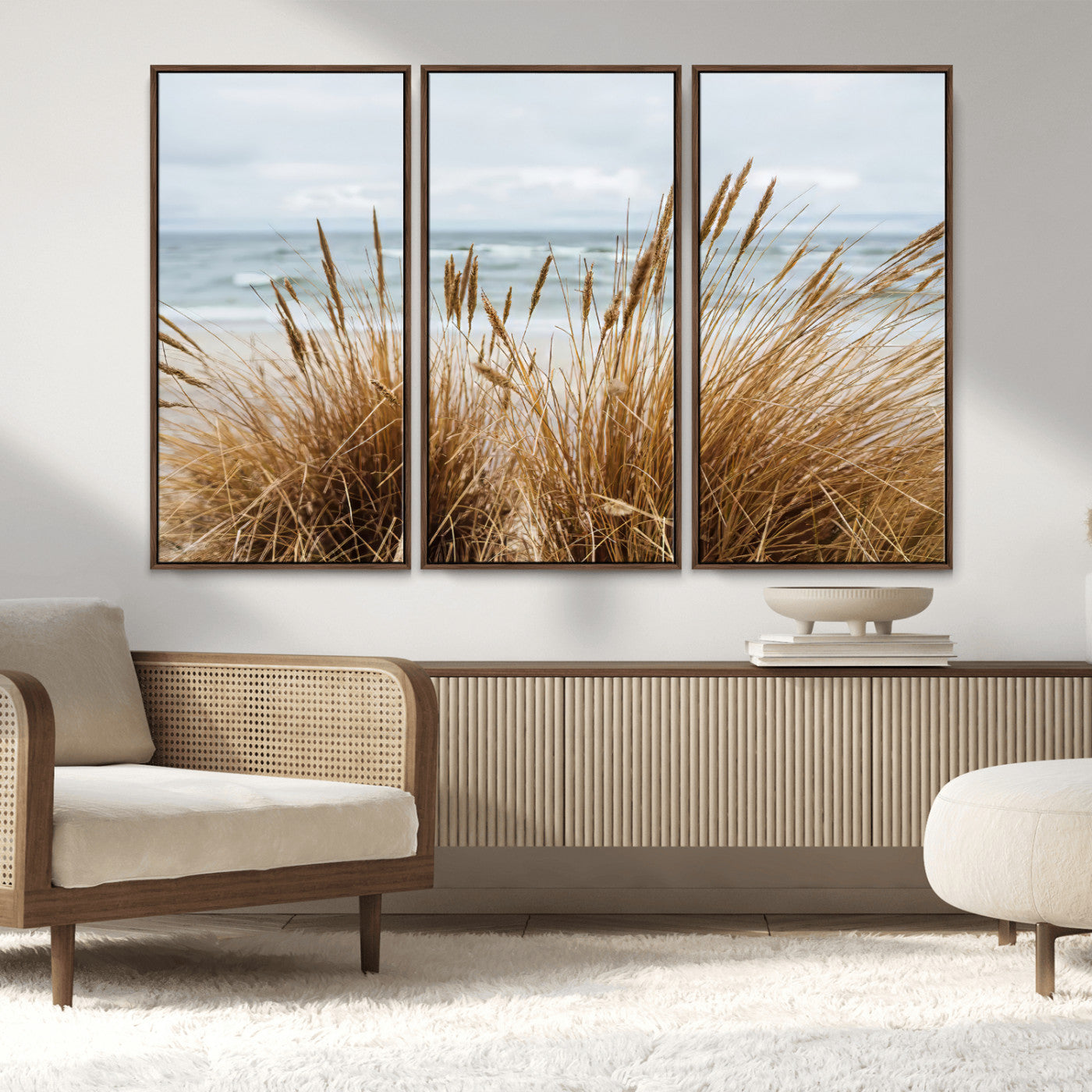 MGV-FC-48X32-3P - Beach Grass Wall Art Canvas Print, Framed Coastal Dunes Art Picture Print, Dune Grass Perfect Coastal Minimalist Decor Artwork