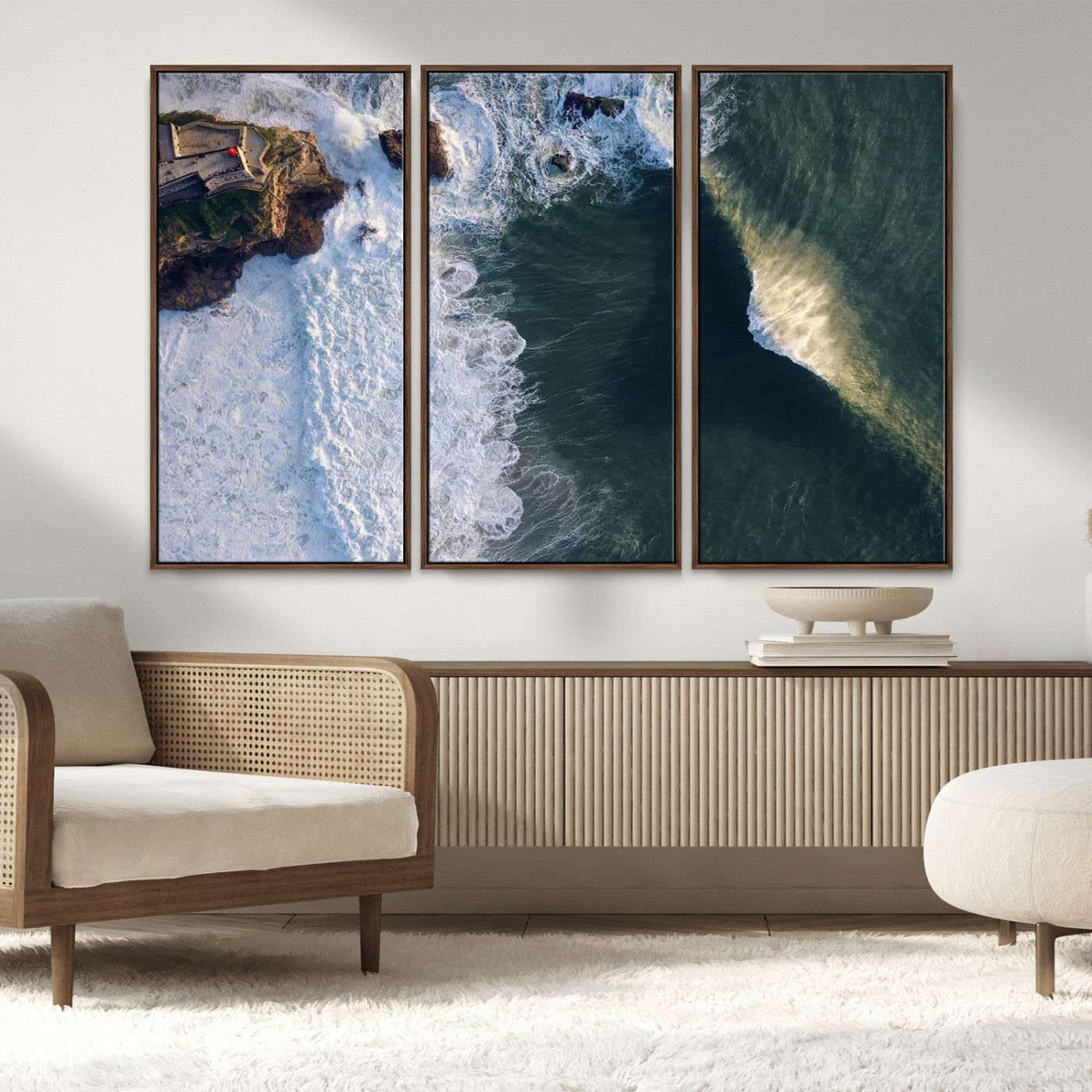 MGV-FC-48X32-3P - Nazaré Coast Wall Art Canvas Print, Framed Aerial Ocean Art Picture Print, Coastal Fortress Perfect Dramatic Coastal Decor Artwork