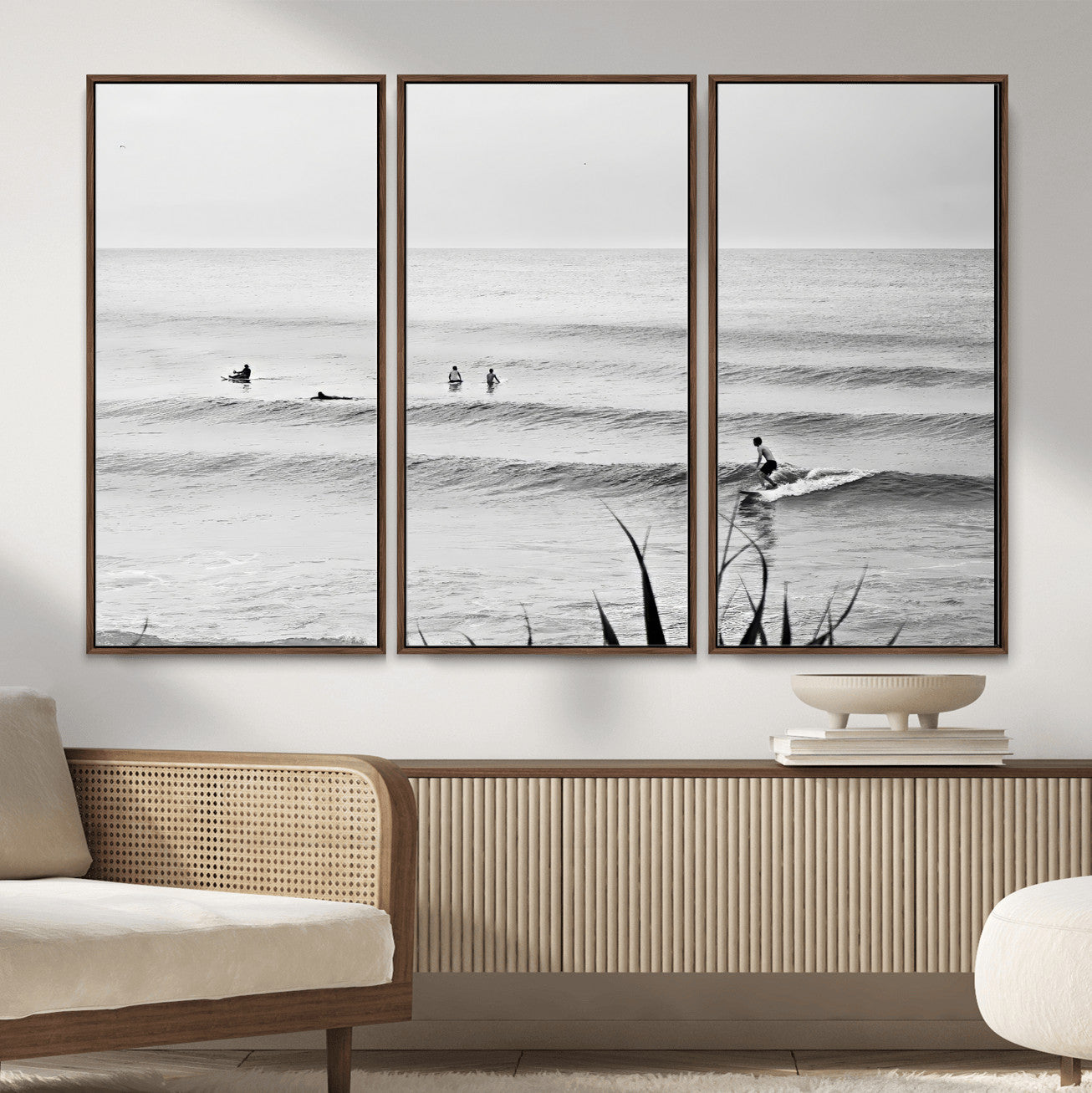 33821421-MGV-CV-36X24 - Surfer Silhouette Wall Art Canvas Print, Framed Calm Ocean Art Picture Print, Monochrome Surf Minimalist Coastal Decor Artwor