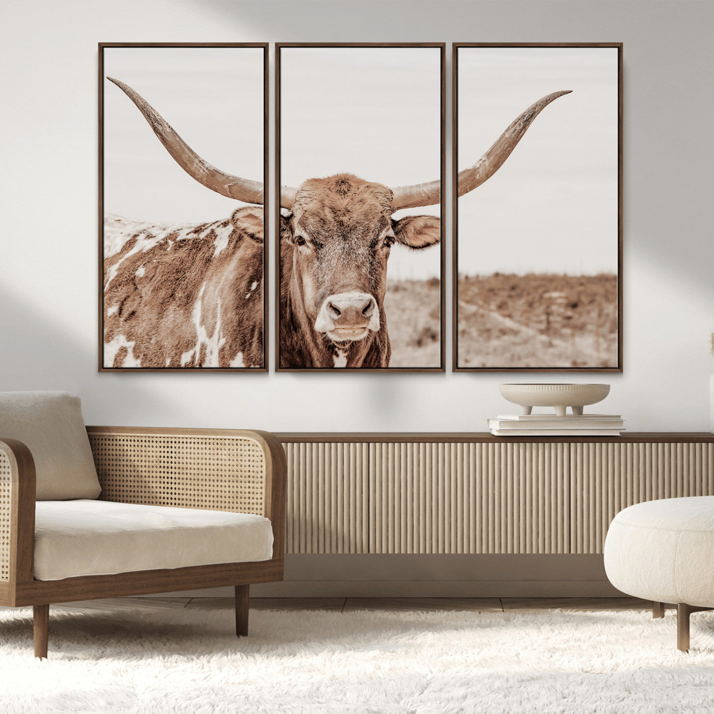 MGV-FC-48X32-3P - Longhorn Cow Wall Art Canvas Print, Framed Texas Ranch Art Picture Print, Western Bull Perfect County Decor Artwork
