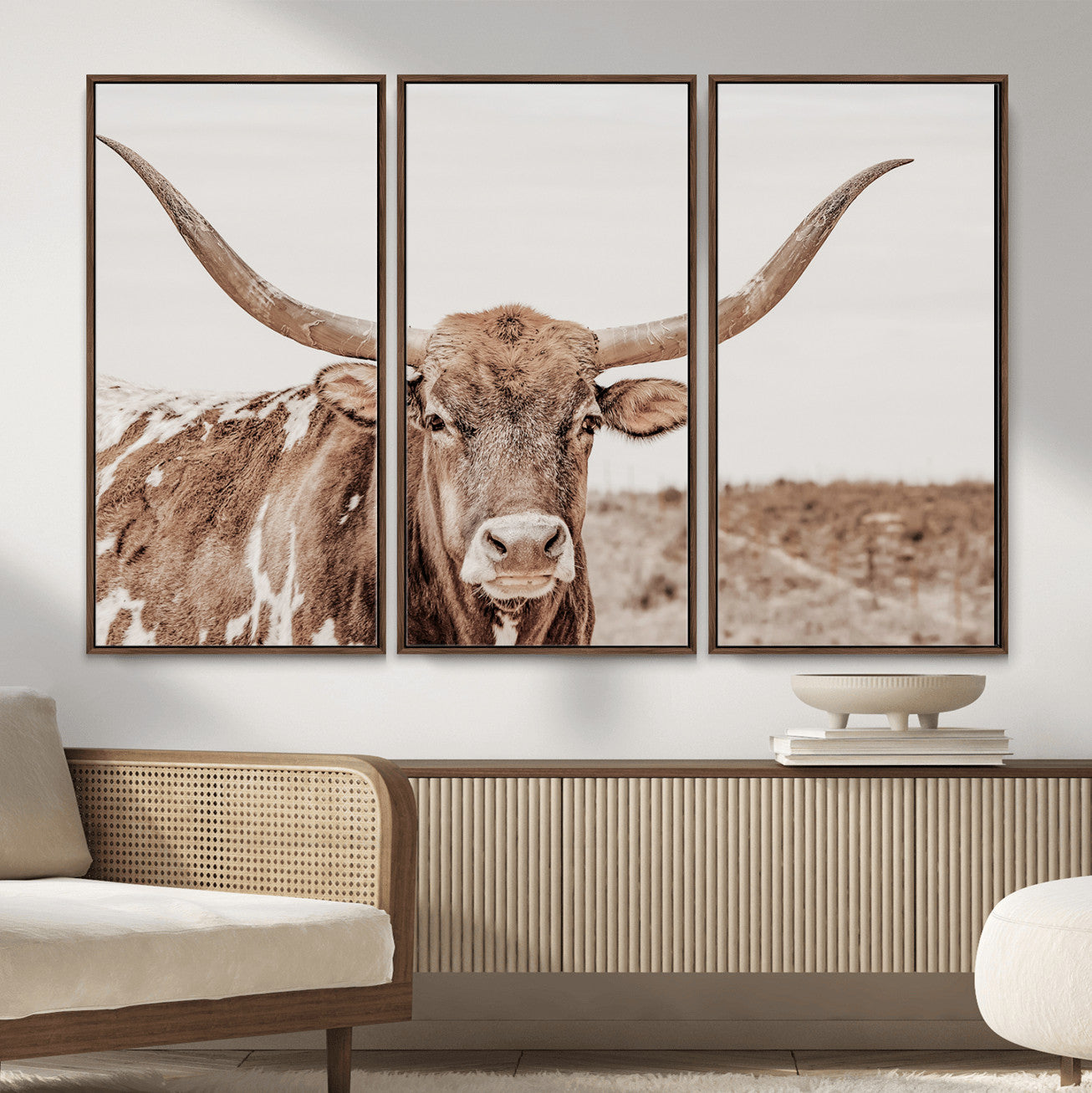 39964150-MGV-CV-36X24 - Longhorn Cow Wall Art Canvas Print, Texas Ranch Print, Framed Western Bull Art Print, Large BigHorn Cowboy Printing Perfect for County Decor