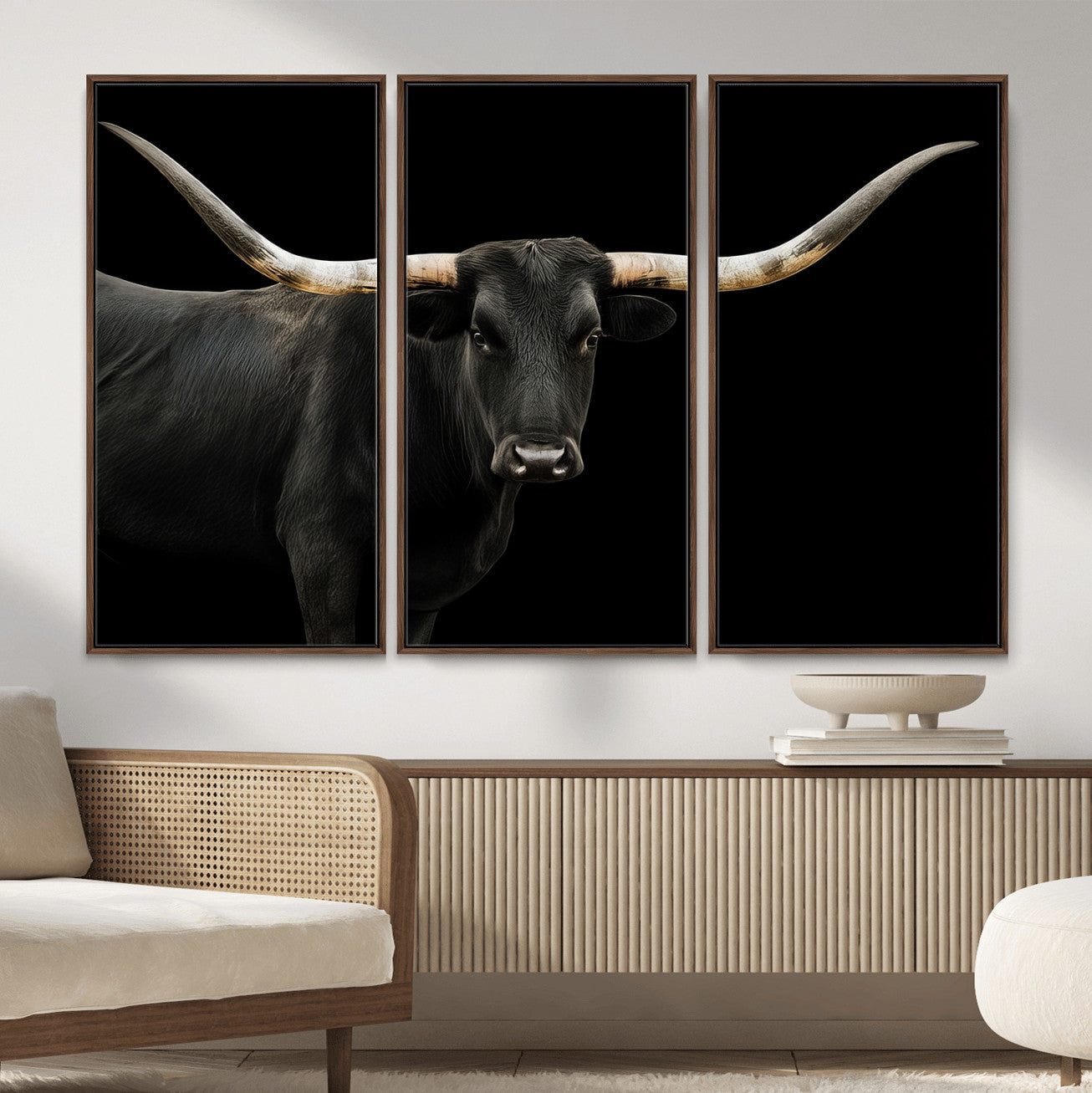 99448328-MGV-CV-36X24 - Longhorn Cattle Wall Art Canvas Print, Framed Texas Black Bull Art Picture Print, Western Cow Perfect Farmhouse Decor Artwork