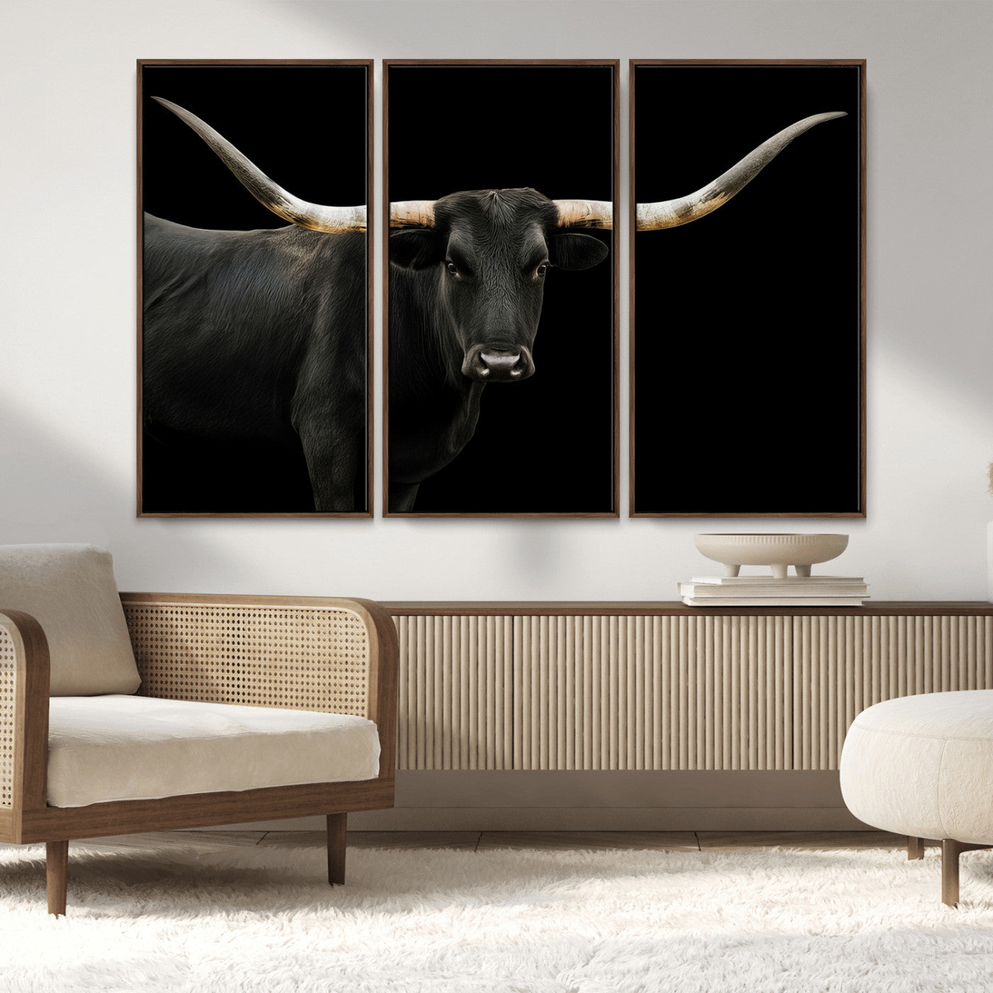 MGV-FC-48X32-3P - Longhorn Cattle Wall Art Canvas Print, Framed Texas Ranch Art Picture Print, Western Cow Perfect Farmhouse Decor Artwork