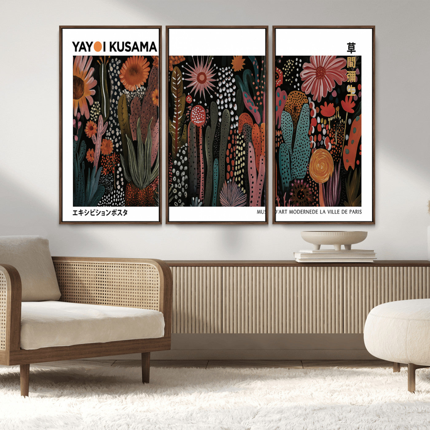 MGV-FC-48X32-3P - Modern Japanese Wall Art Print, Framed Yayoi Kusama Artwork, Abstract Mount Fuji Canvas Print,