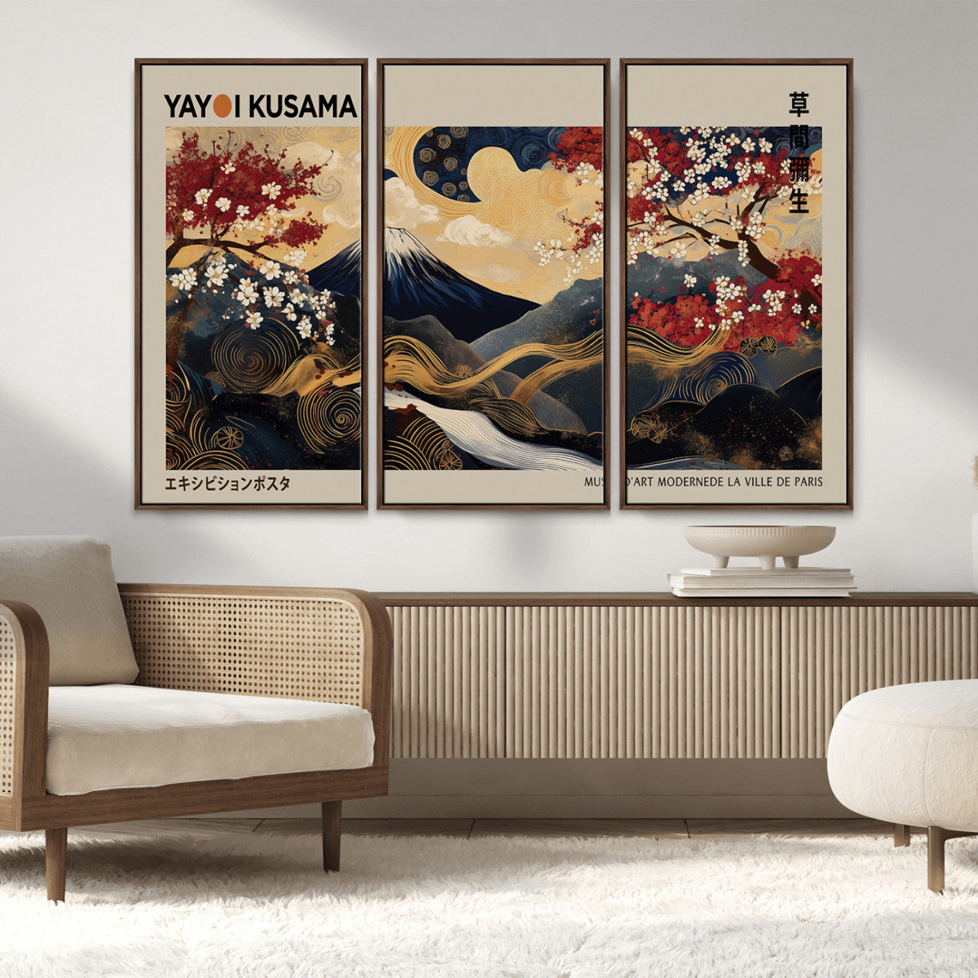 MGV-FC-48X32-3P - Modern Japanese Wall Art, Yayoi Kusama Japanese Print Wall Art, Abstract Mount Fuji Canvas Print,