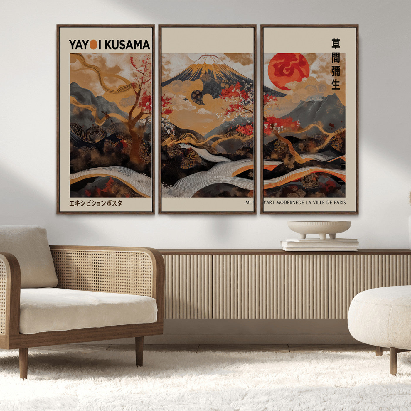 MGV-FC-48X32-3P - Modern Japanese Wall Art Print Yayoi Kusama Canvas Wall Art Abstract Mount Fuji Canvas Print
