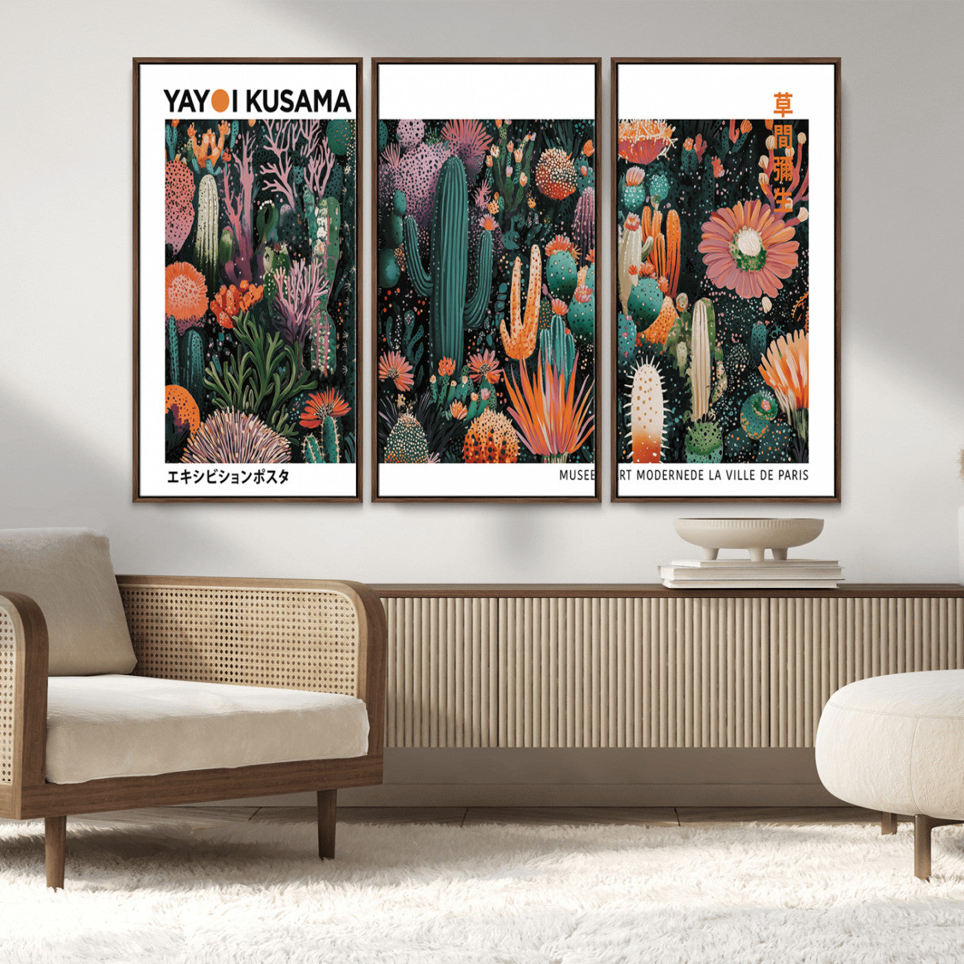 MGV-FC-48X32-3P - Modern Japanese Wall Art Print, Yayoi Kusama Print Wall Decor, Abstract Mount Fuji Canvas Print,