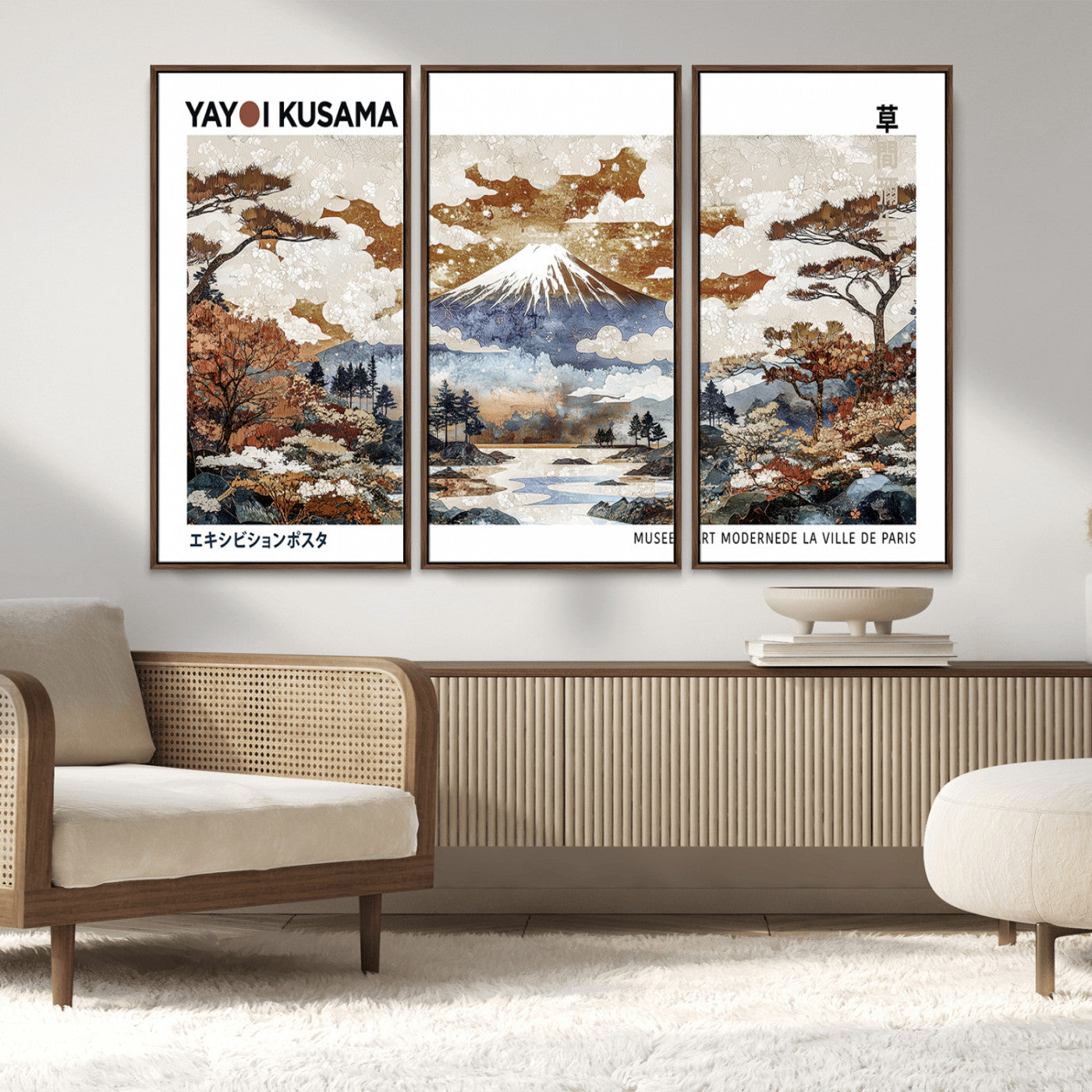MGV-FC-48X32-3P - Modern Japanese Wall Art Print Yayoi Kusama Canvas Wall Art Abstract Mount Fuji Canvas Print