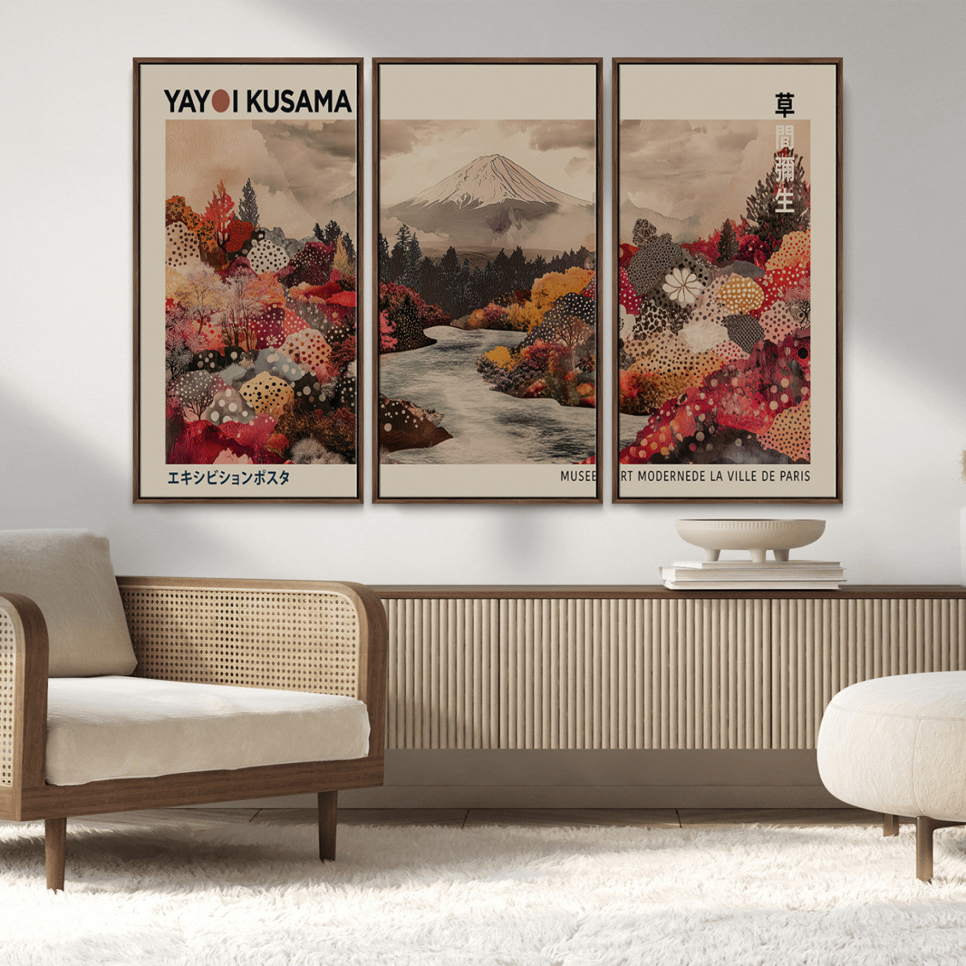 MGV-FC-48X32-3P - Modern Japanese Wall Art Print Yayoi Kusama Canvas Wall Art Abstract Mount Fuji Canvas Print