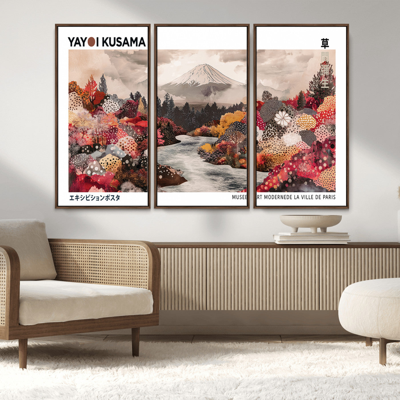 MGV-FC-48X32-3P - Modern Japanese Wall Art Print, Yayoi Kusama Canvas Wall Art, Abstract Mount Fuji Art Canvas Print,