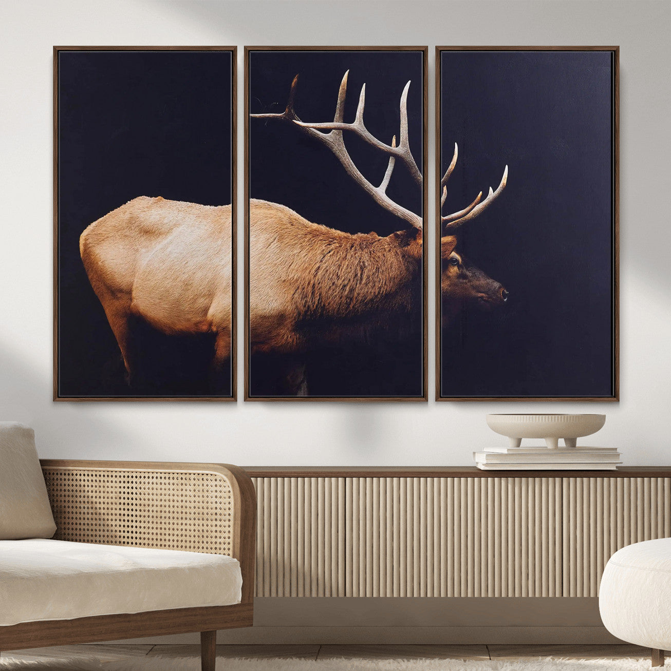 89239257-MGV-FC-48X32-3P - Rustic Elk Wall Art Canvas Print – Framed Moody Wildlife Art Picture Western Animal Artwork for Home, Office