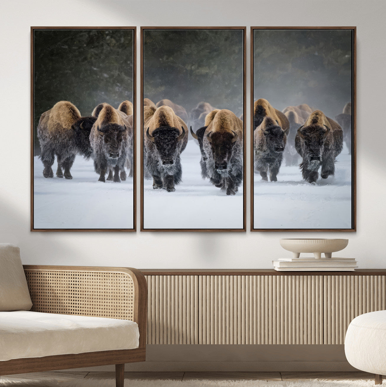 41669135-MGV-CV-36X24 - Winter Bison Herd Wall Art – Majestic Buffalo Charge Canvas Print with Snow Covered Plains, Rustic Wildlife Strength and Untamed Nature Decor for Home and Office