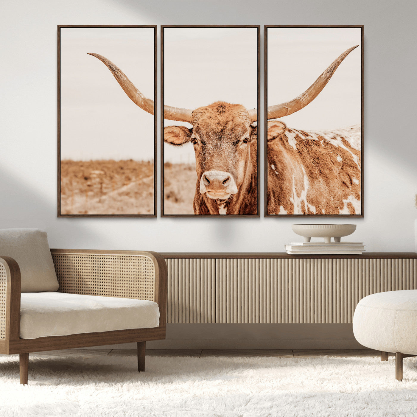 MGV-FC-48X32-3P - Longhorn Bull Wall Art Canvas Print, Framed Western Cow Art Picture Print, Rustic Farmhouse Perfect Neutral Farmhouse Decor Artwork