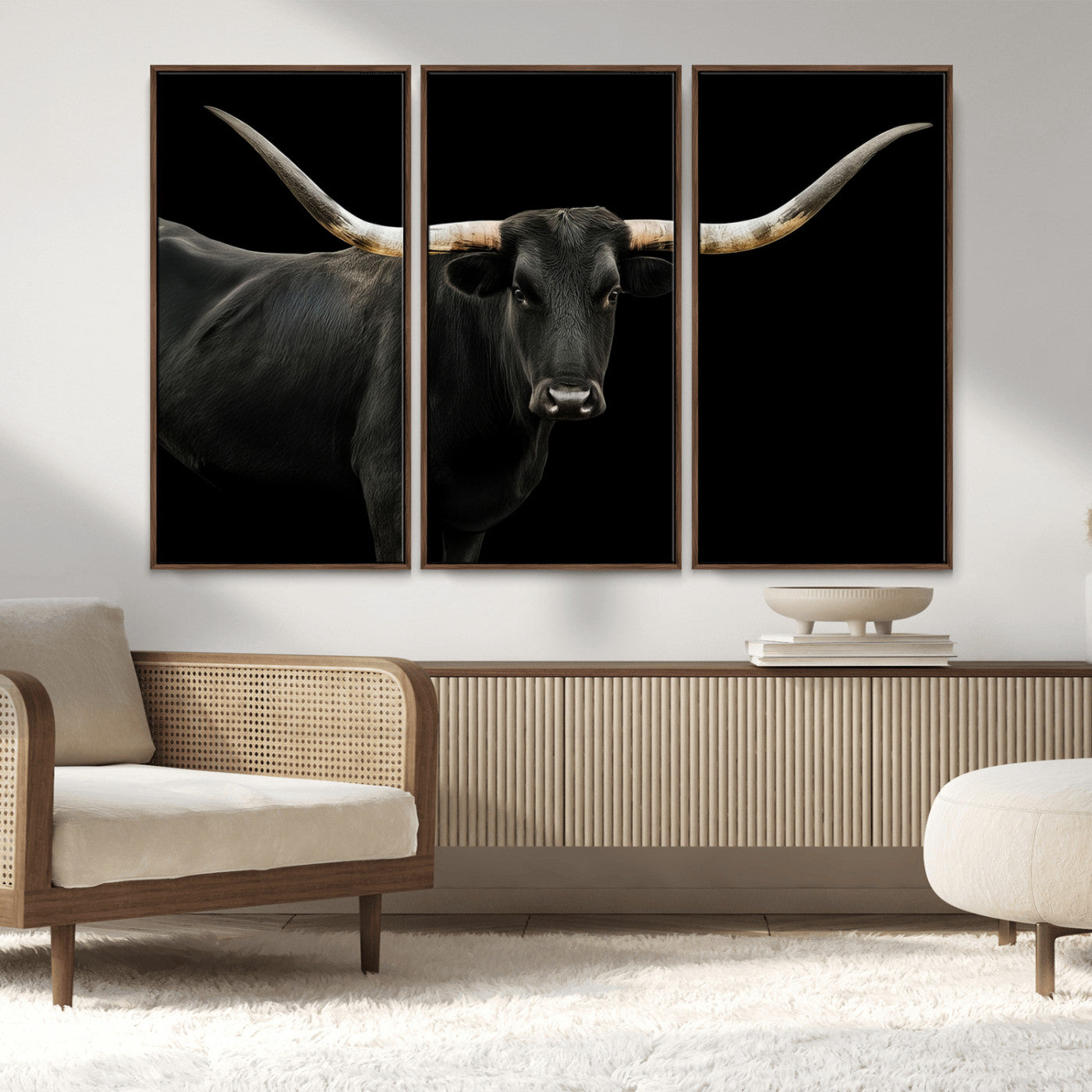 MGV-FC-48X32-3P - Texas Longhorn Wall Art Canvas Print, Framed Rustic Western Art Picture Print, Farmhouse Animal Perfect Modern Western Minimalist Decor Artwork