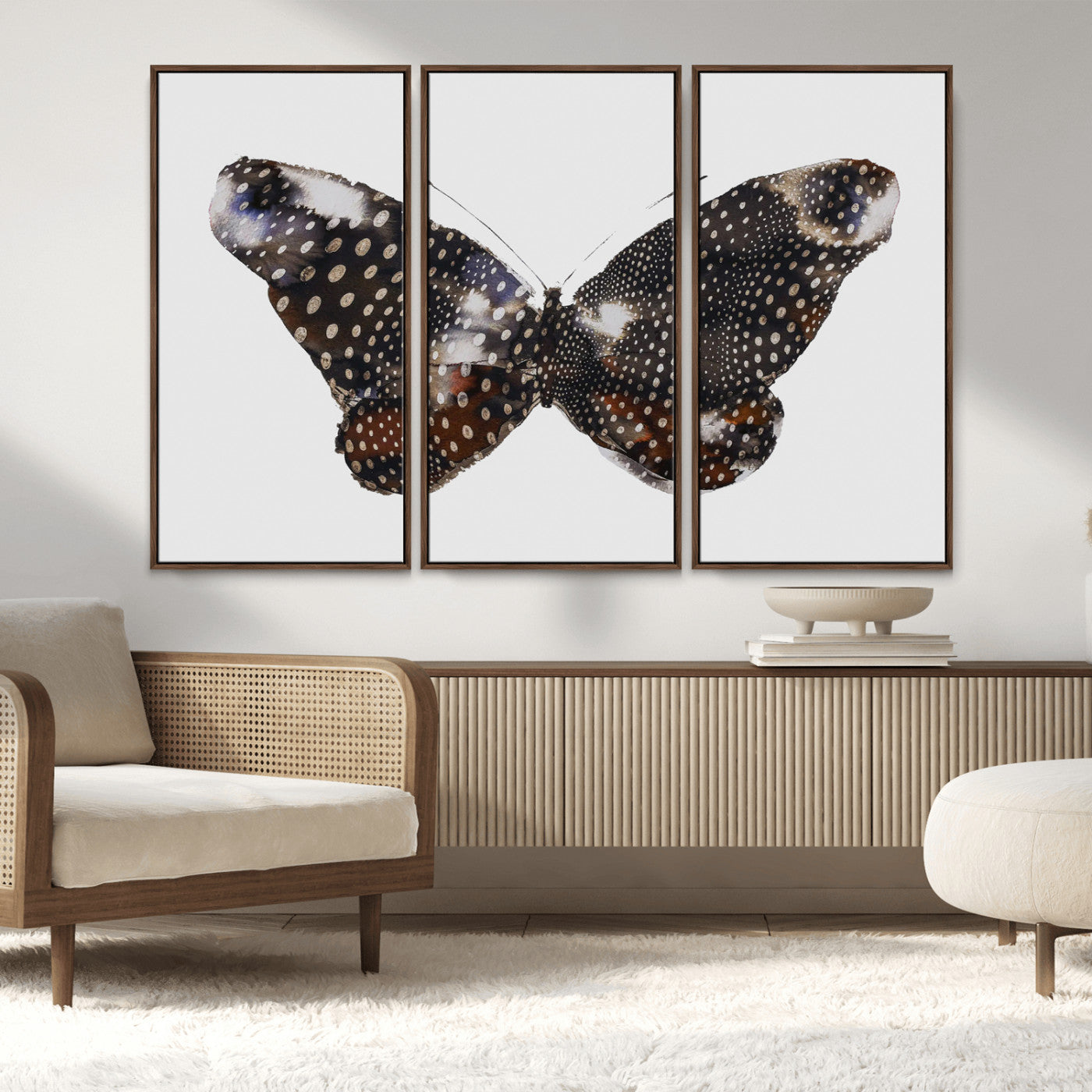 MGV-FC-48X32-3P - Spotted Butterfly Wall Art Canvas Print, Framed Neutral Insect Theme Art Picture Print, Earthy Wing Pattern Perfect Modern Rustic Decor Artwork