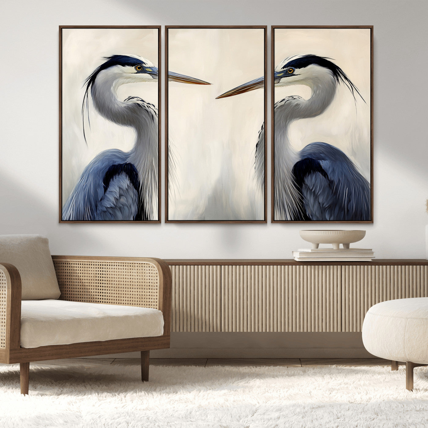 MGV-FC-48X32-3P - Blue Heron Pair Wall Art Canvas Print, Framed Coastal Bird Theme Art Picture Print, Tranquil Wildlife Scene Perfect Coastal Minimalist Decor Artwork