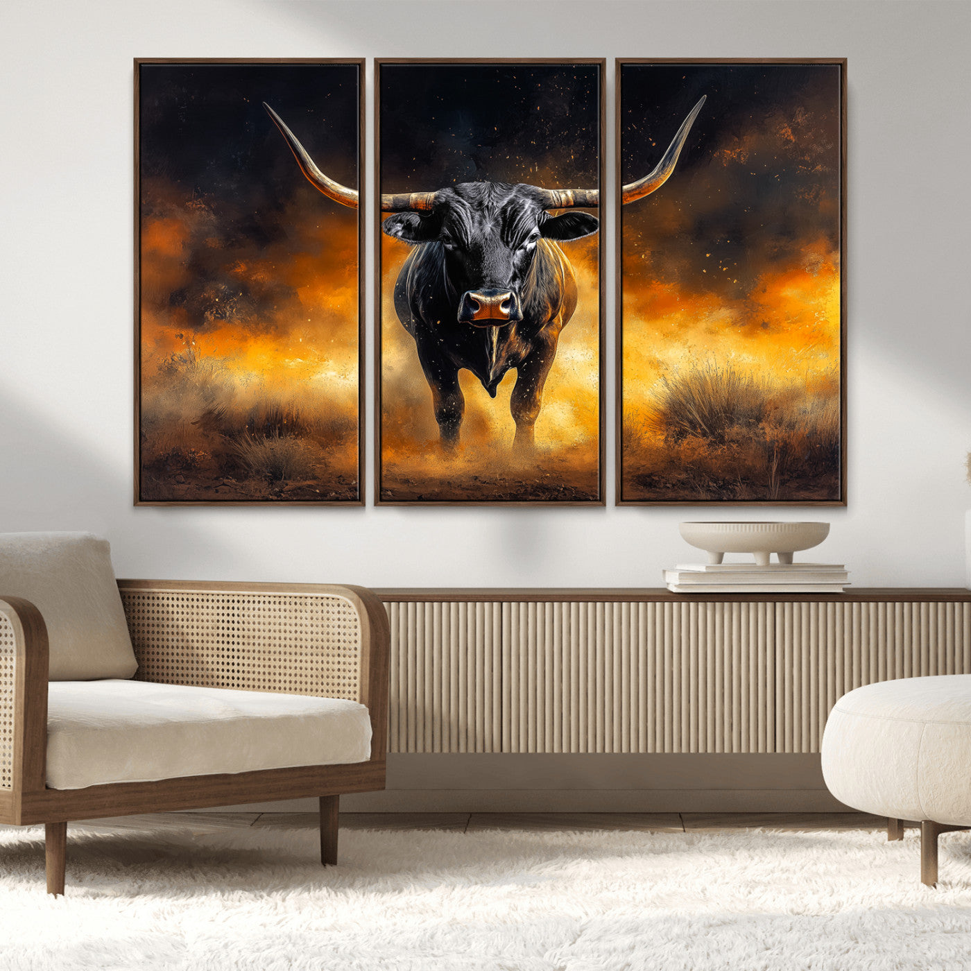 MGV-FC-48X32-3P - Longhorn Canvas Wall Art Canvas Print, Framed Bold Bull Wall Art Art Picture Print, Western Animal Decor Perfect Western Dramatic Decor Artwork