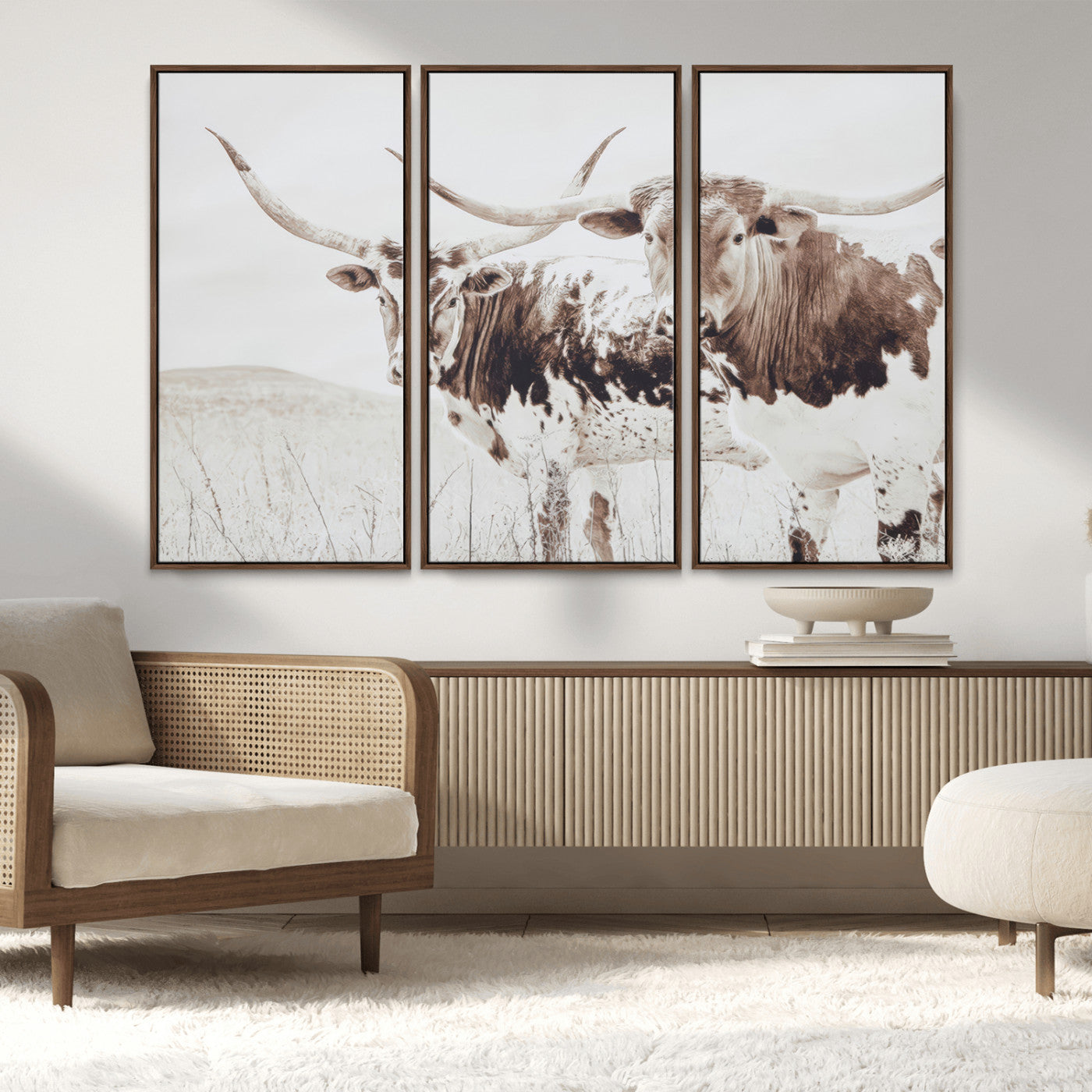 MGV-FC-48X32-3P - Longhorn Wall Art Wall Art Canvas Print, Framed Western Cow Canvas Art Picture Print, Rustic Farm Decor Perfect Rustic Farmhouse Decor Artwork