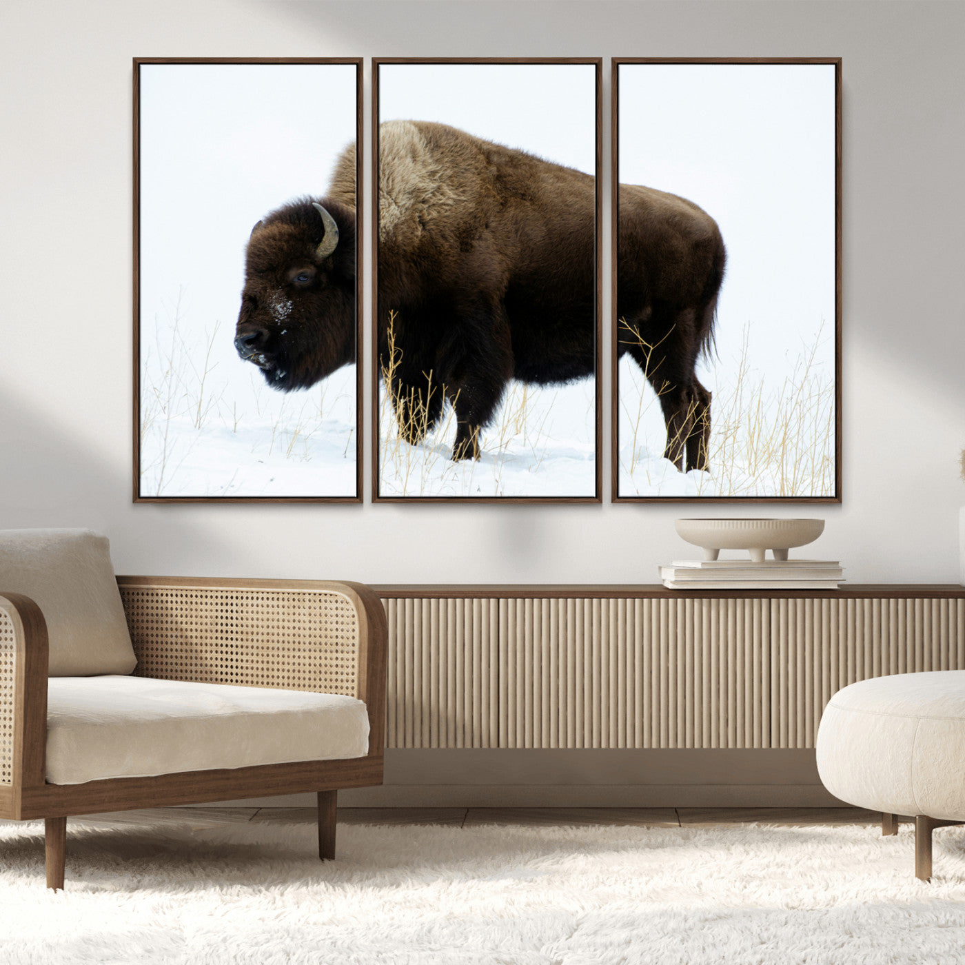 MGV-FC-48X32-3P - Bison Photography Wall Art Canvas Print, Framed Western Wildlife Art Picture Print, Buffalo On Snow Perfect Western Decor Artwork