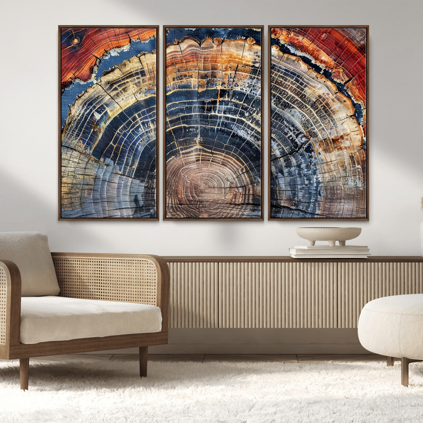 MGV-FC-48X32-3P - Tree Rings Wall Art Canvas Print, Framed Wood Texture Art Picture Print, Petrified Wood Perfect Modern Rustic Decor Artwork