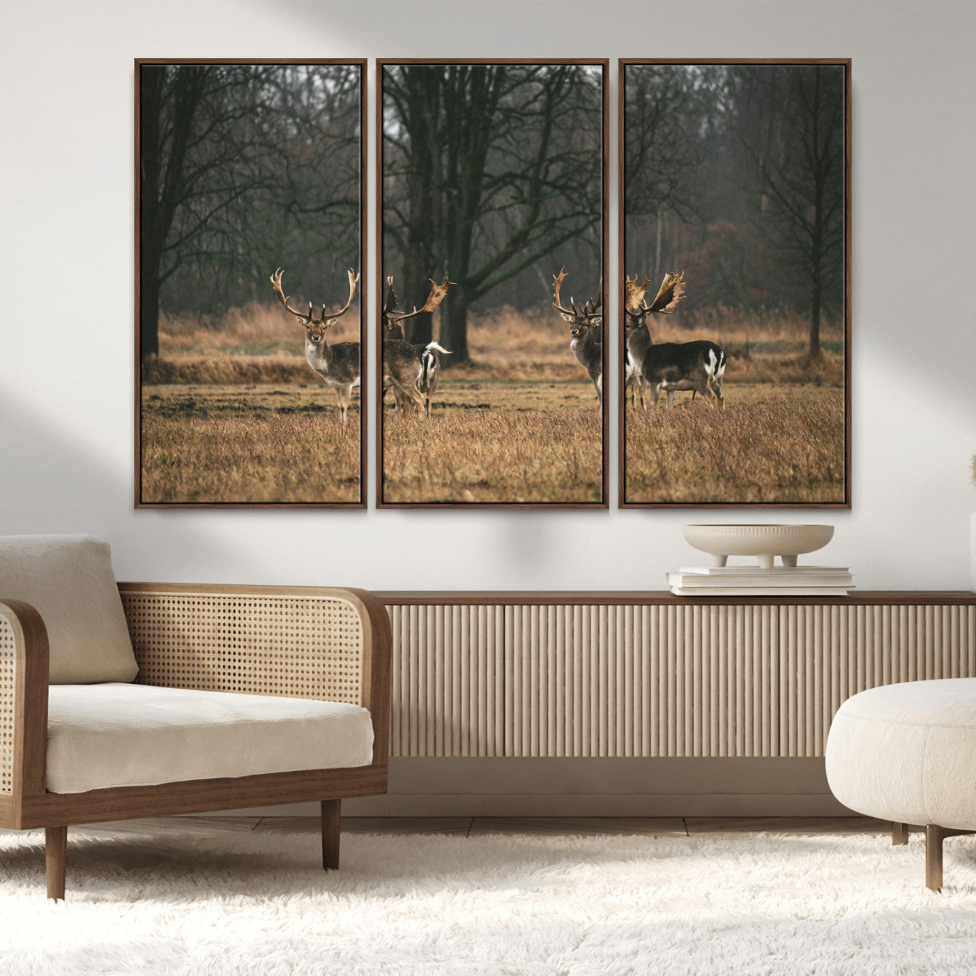 MGV-FC-48X32-3P - Deer Photography Wall Art Canvas Print, Framed Rustic Wildlife Art Picture Print, Stags In Forest Perfect Rustic Wilderness Decor Artwork