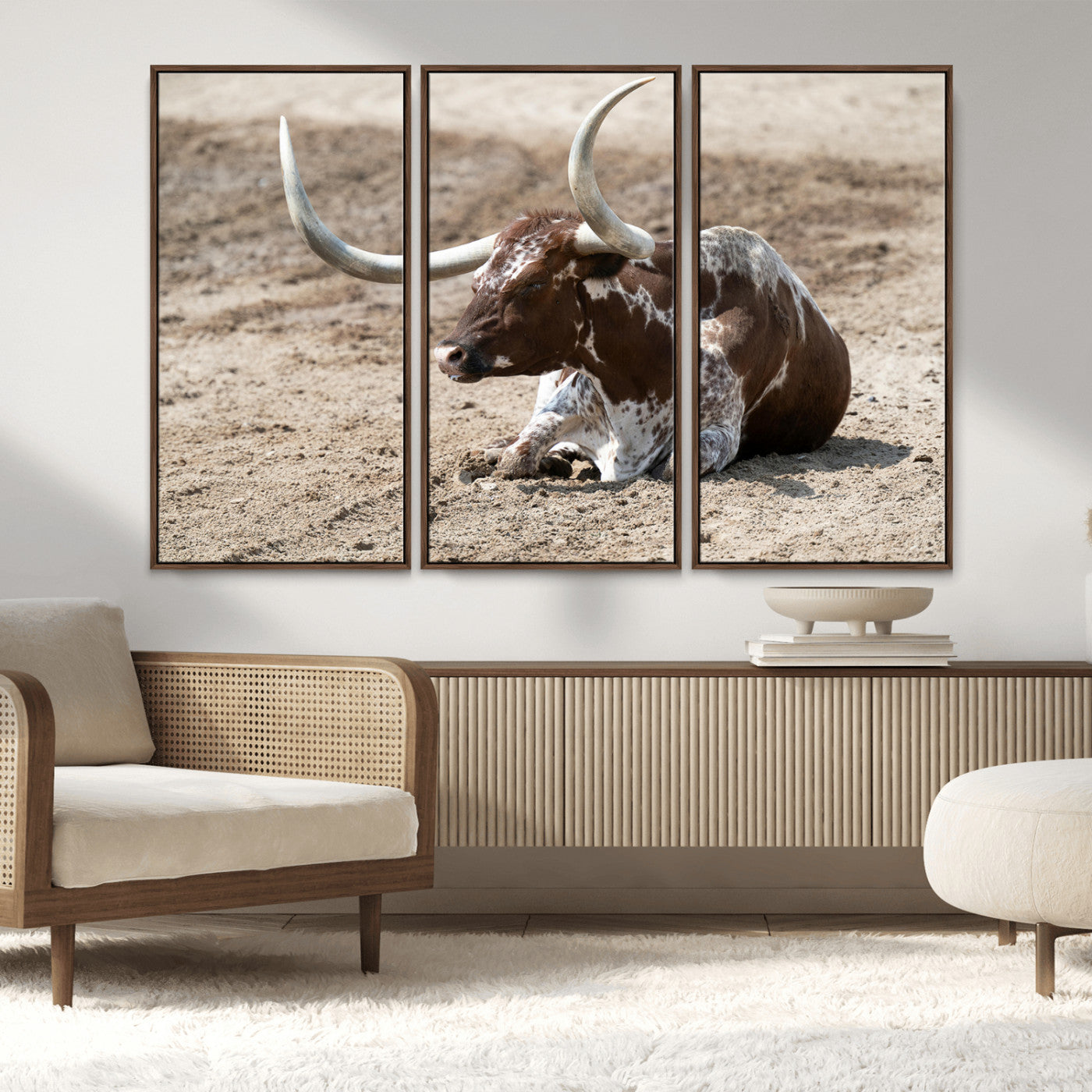 76549210-MGV-FC-48X32-3P_Walnut-Texas Longhorn Wall Art Canvas Print, Framed Country Living Art Picture Print, Farmhouse Perfect