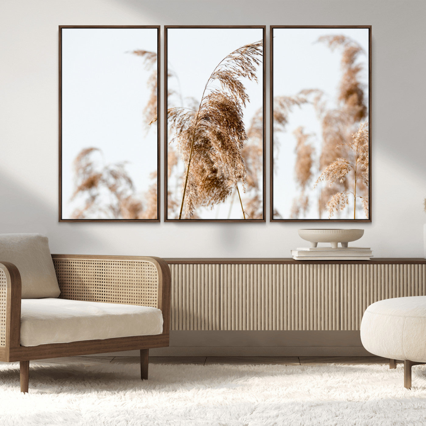 MGV-FC-48X32-3P - Pampas Grass Wall Art Canvas Print, Framed Neutral Tones Art Picture Print, Minimalist Nature Perfect Boho Decor Artwork