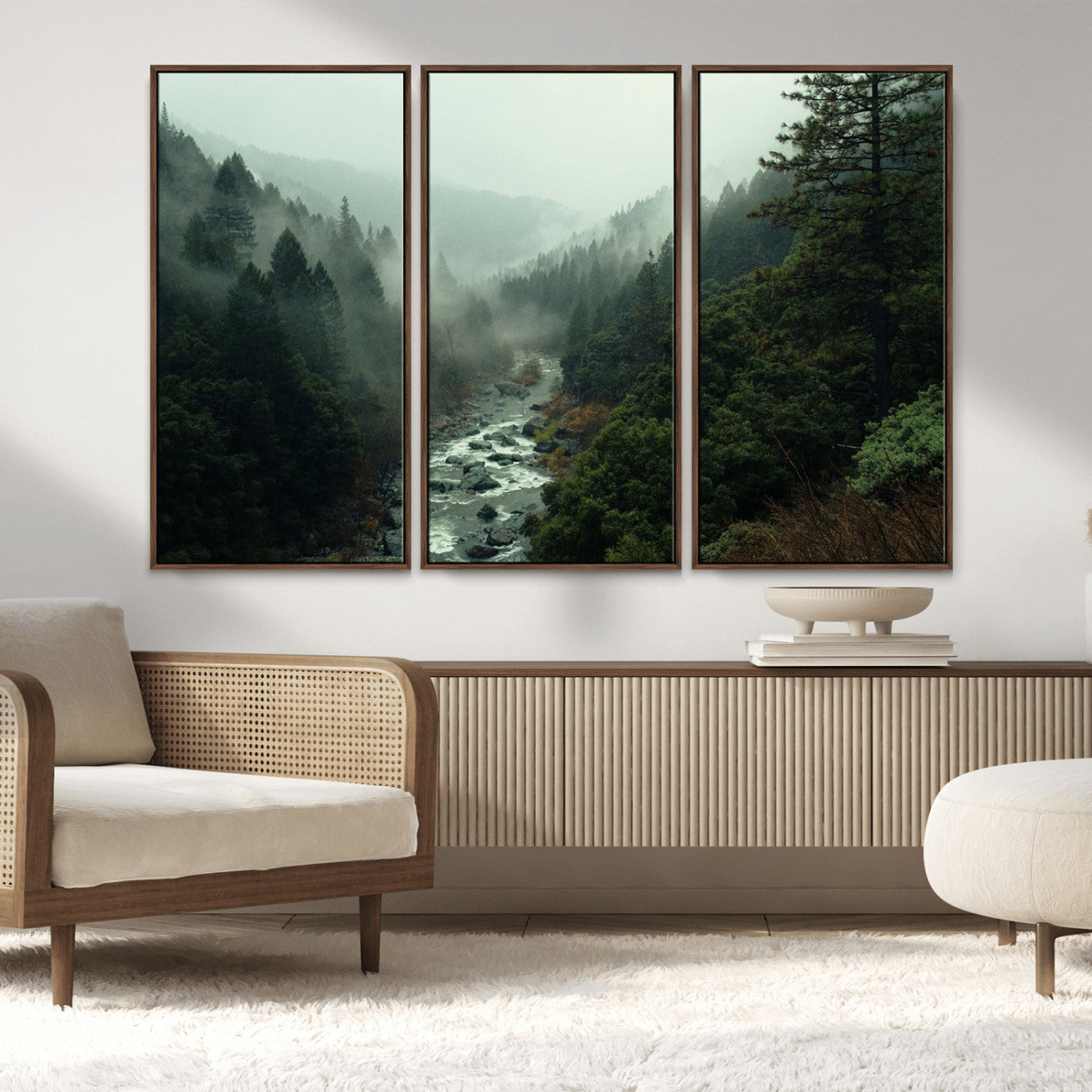 MGV-FC-48X32-3P - Misty Forest Wall Art Canvas Print, Framed Foggy River Art Picture Print, Moody Landscape Perfect Wilderness Decor Artwork