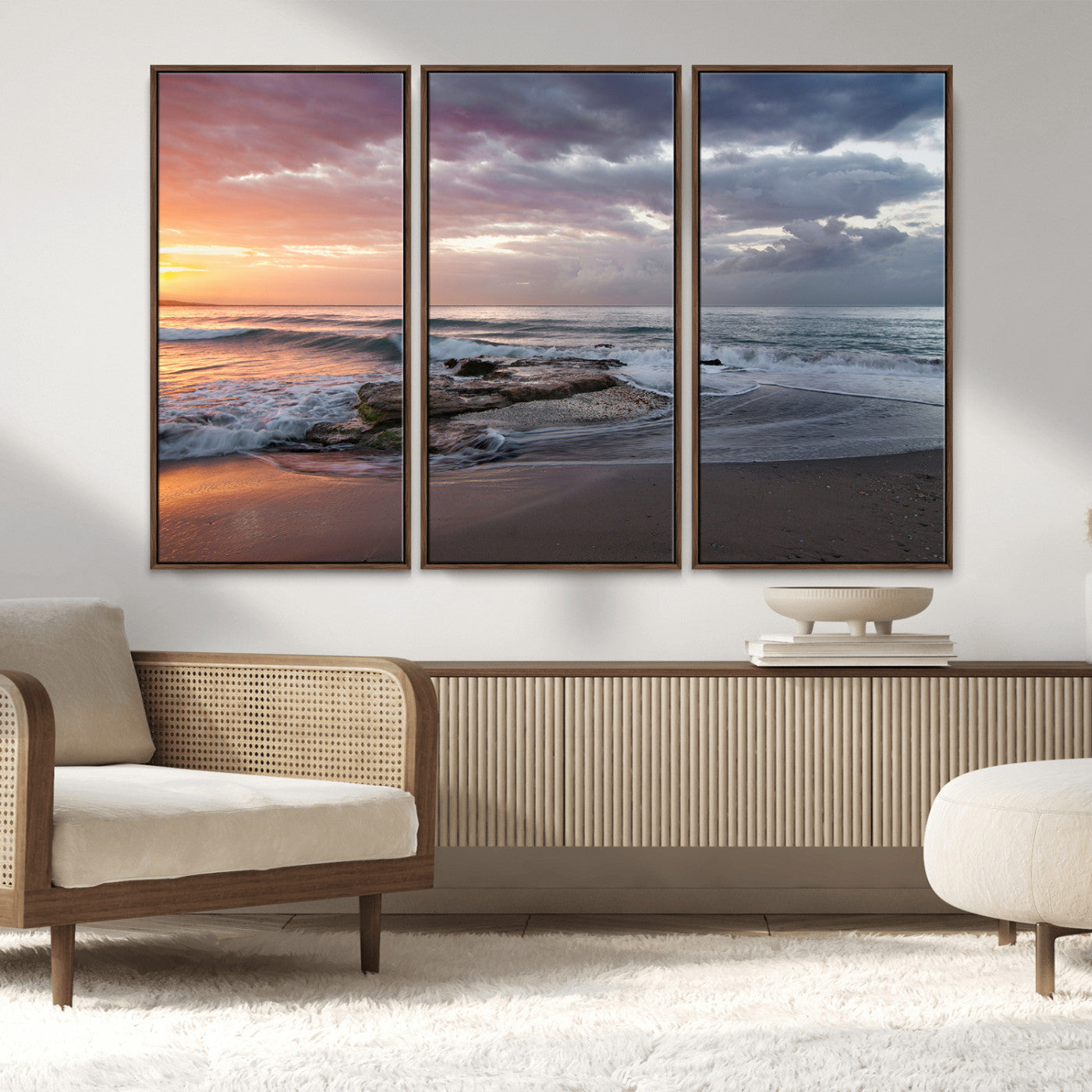 MGV-FC-48X32-3P - Golden Hour Wall Art Canvas Print, Framed Tranquil Waves Art Picture Print, Beach Perfect Coastal Serenity Decor Artwork