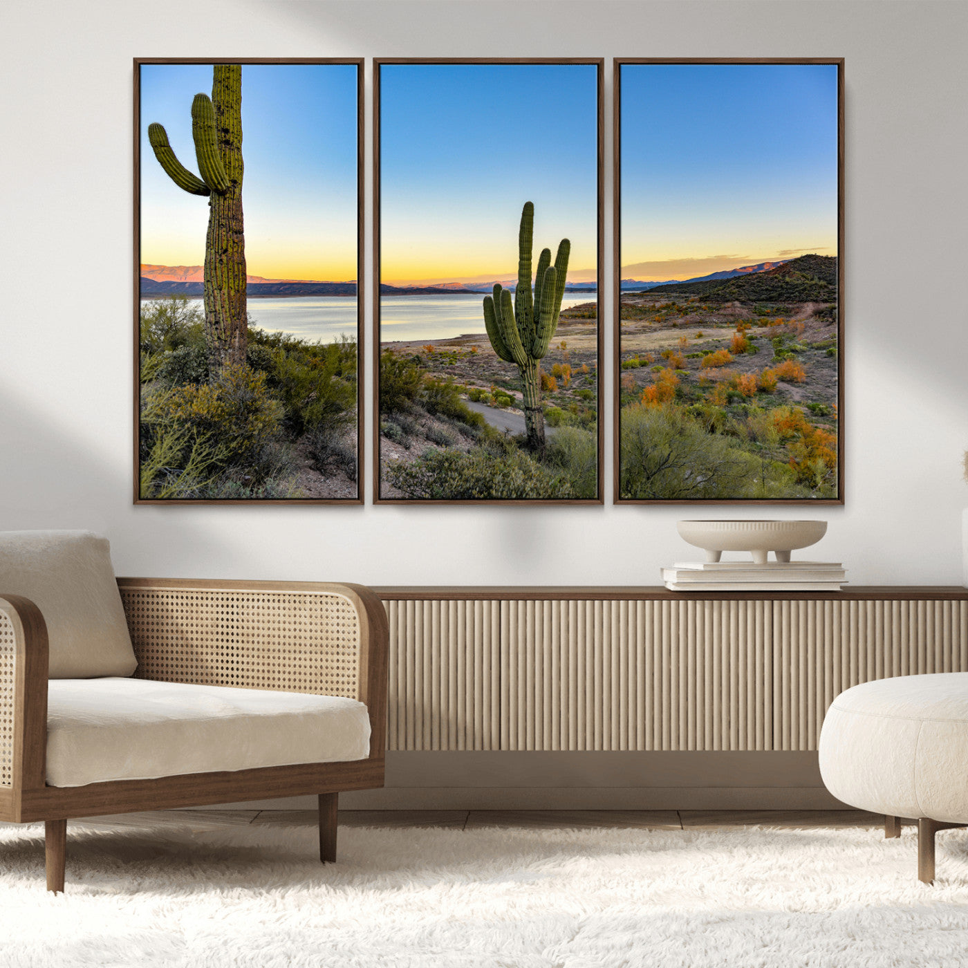 MGV-FC-48X32-3P - Saguaro Cactus Wall Art Canvas Print, Framed Desert Sunset Art Picture Print, Southwestern Perfect Southwestern Decor Artwork