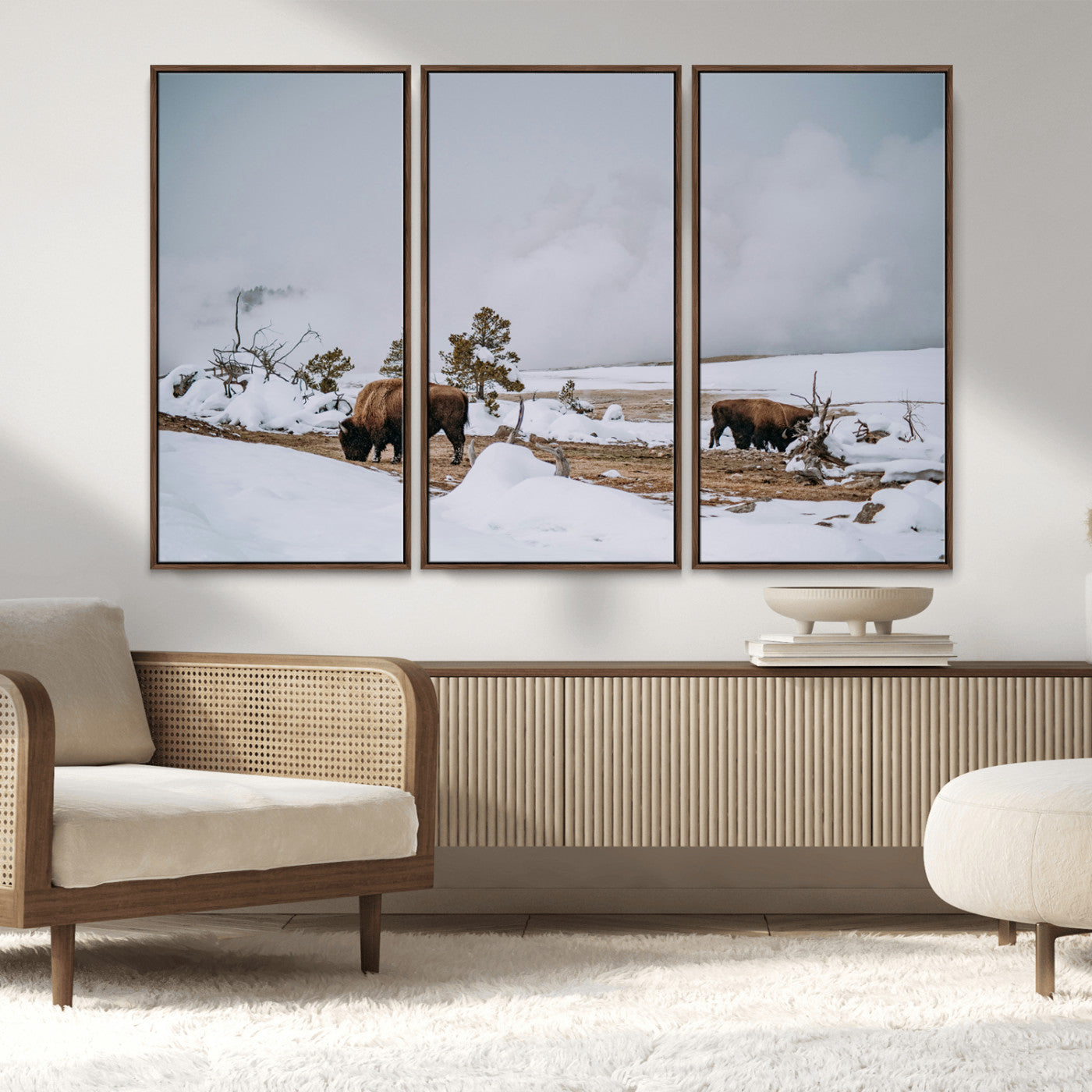 MGV-FC-48X32-3P - Bison Wildlife Wall Art Canvas Print, Framed Snowy Prairie Art Picture Print, Western Perfect Rustic Decor Artwork