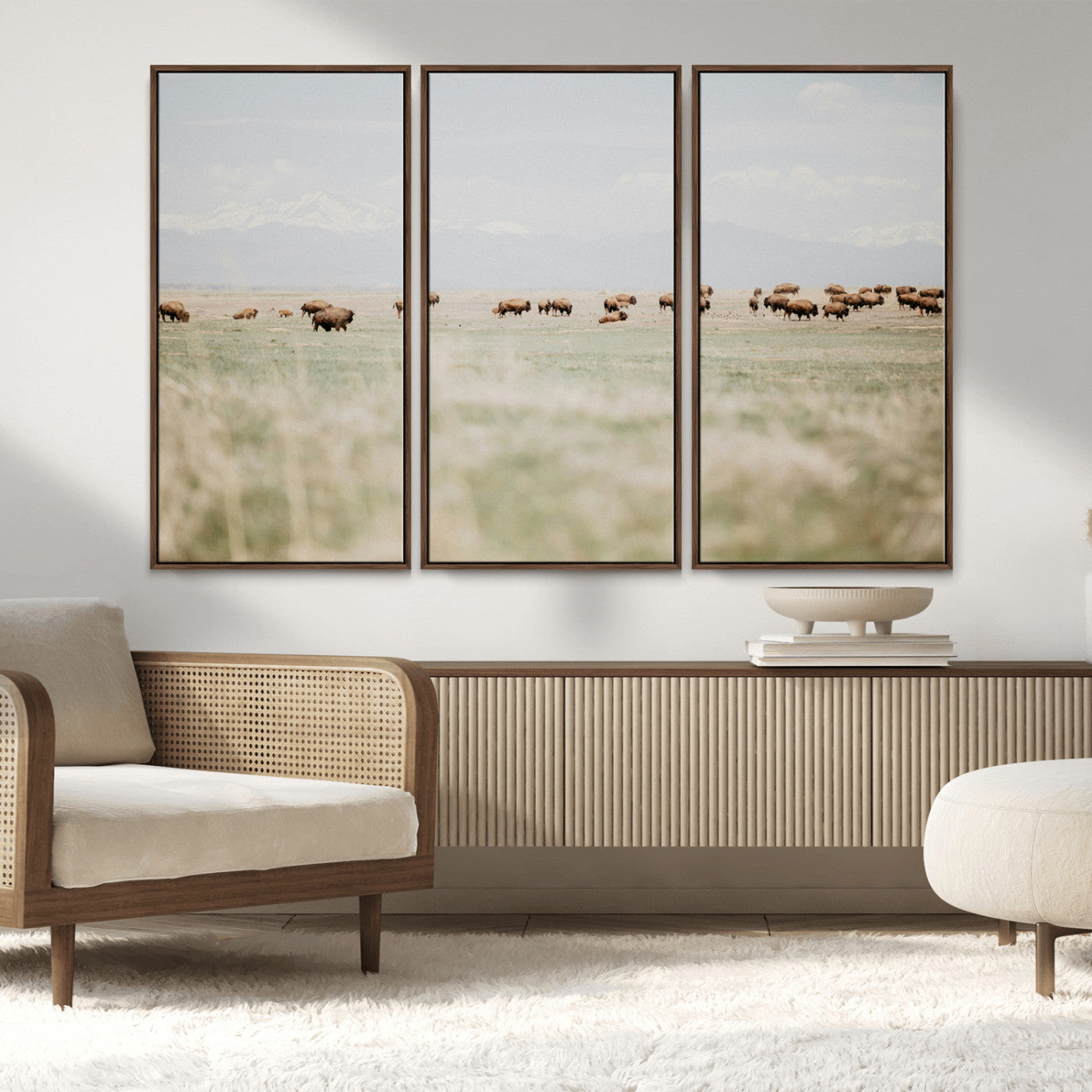 MGV-FC-48X32-3P - Bison Herd Wall Art Canvas Print, Framed Western Art Picture Print, Bison Perfect Ranch Decor Artwork