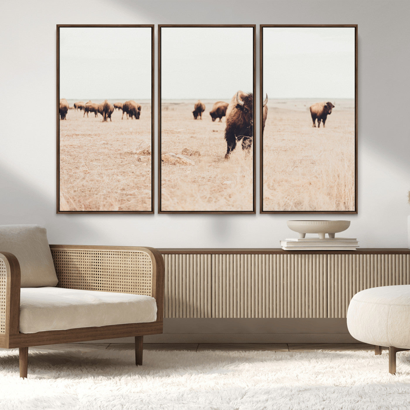 MGV-FC-48X32-3P - Bison Herd Wall Art Canvas Print, Framed Western Art Picture Print, Prairie Serenity Perfect Ranch Decor Artwork
