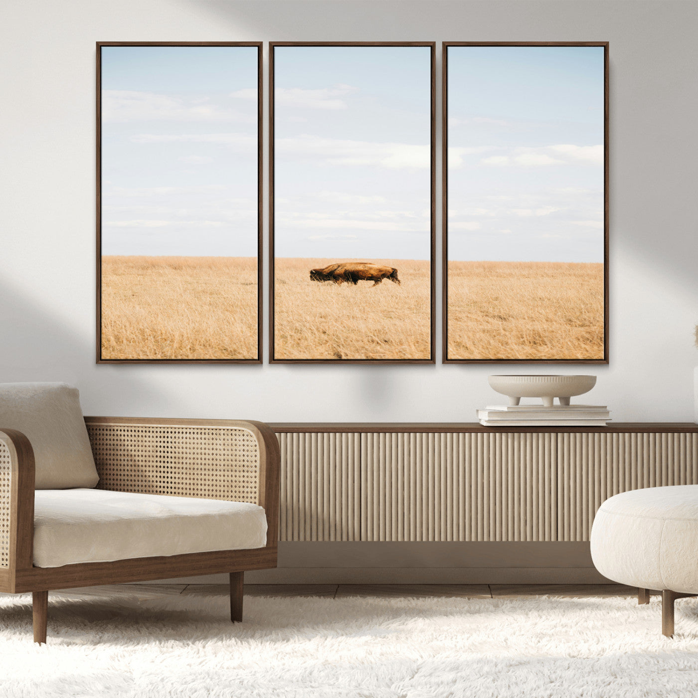 MGV-FC-48X32-3P - Minimalist Nature Wall Art Canvas Print, Framed Bison In Grassland Art Picture Print, Open Field Perfect Modern Ranch Decor Decor Artwork