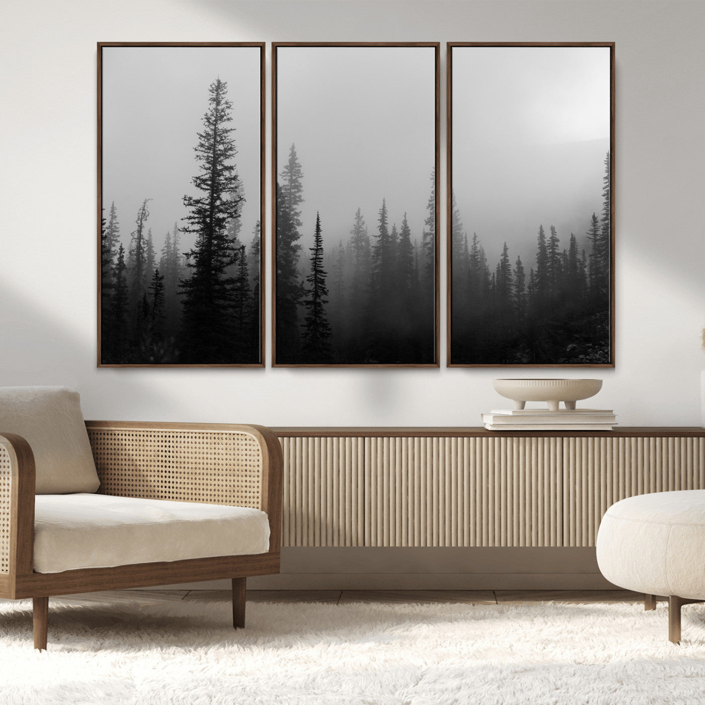 MGV-FC-48X32-3P - Misty Pines Wall Art Canvas Print, Framed Woodland Photography Art Picture Print, Minimalist Decor Perfect Rustic Decor Artwork