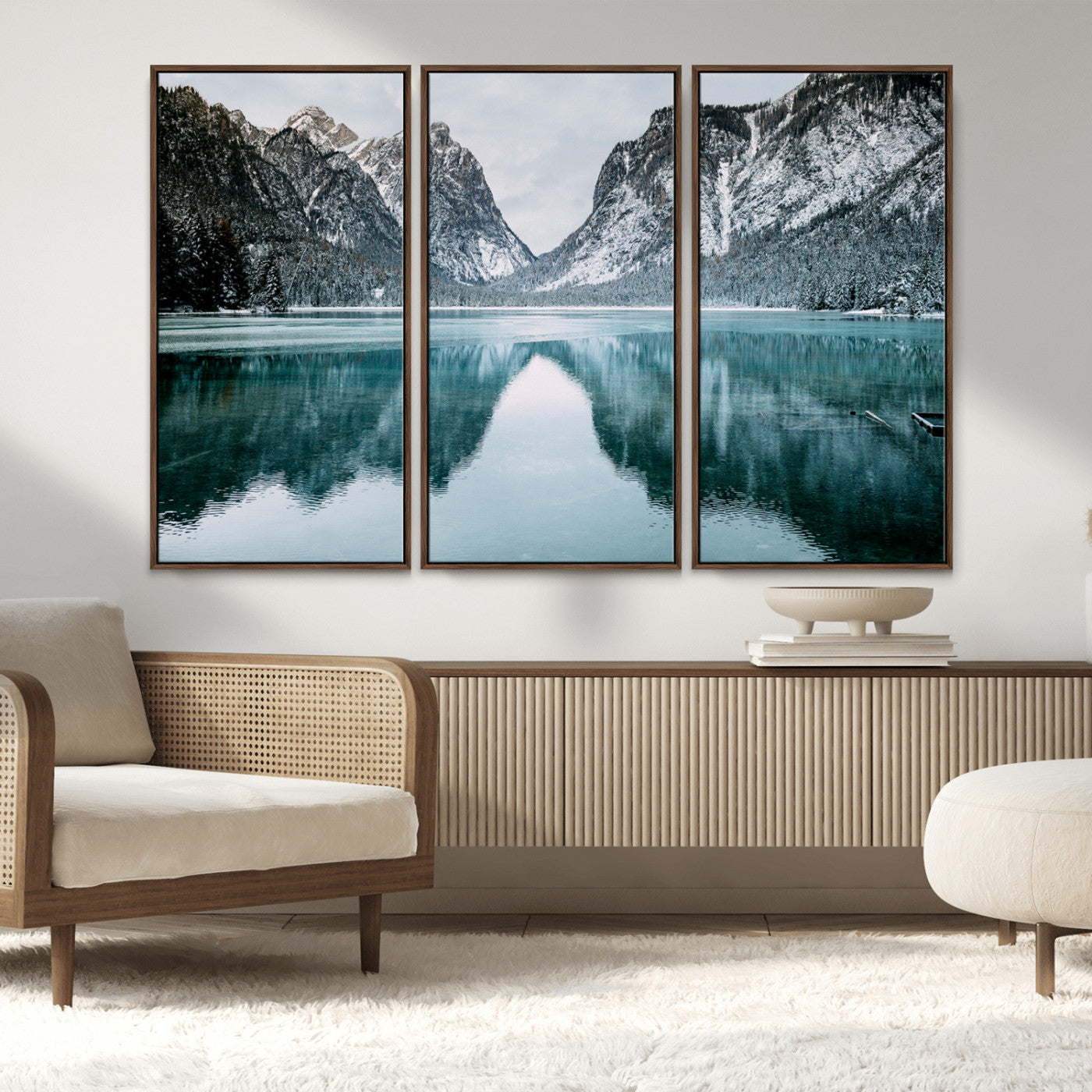 MGV-FC-48X32-3P - Mountain Lake Wall Art Canvas Print, Framed Wonderland Art Picture Print, Snowy Peaks Perfect Nature Decor Artwork