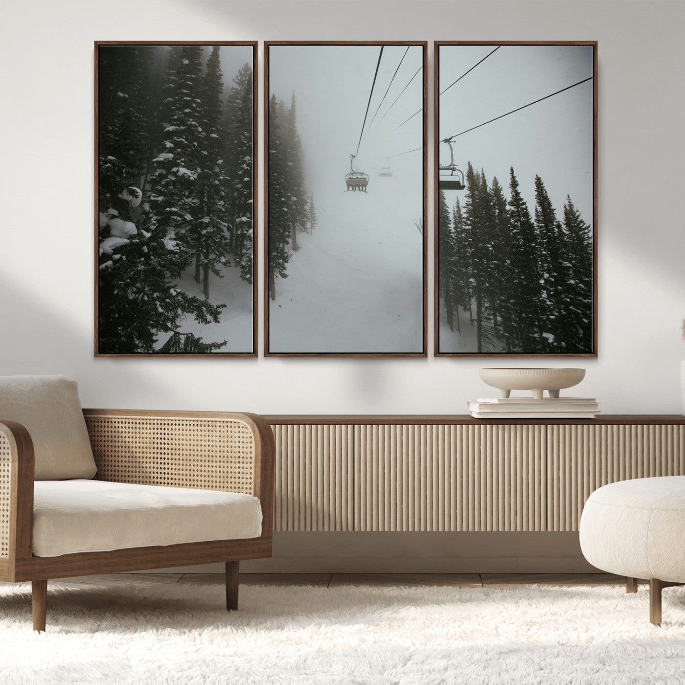 MGV-FC-48X32-3P - Ski Lift Wall Art Canvas Print, Framed Snowy Pines Art Picture Print, Misty Landscape Perfect Winter Serenity Decor Artwork