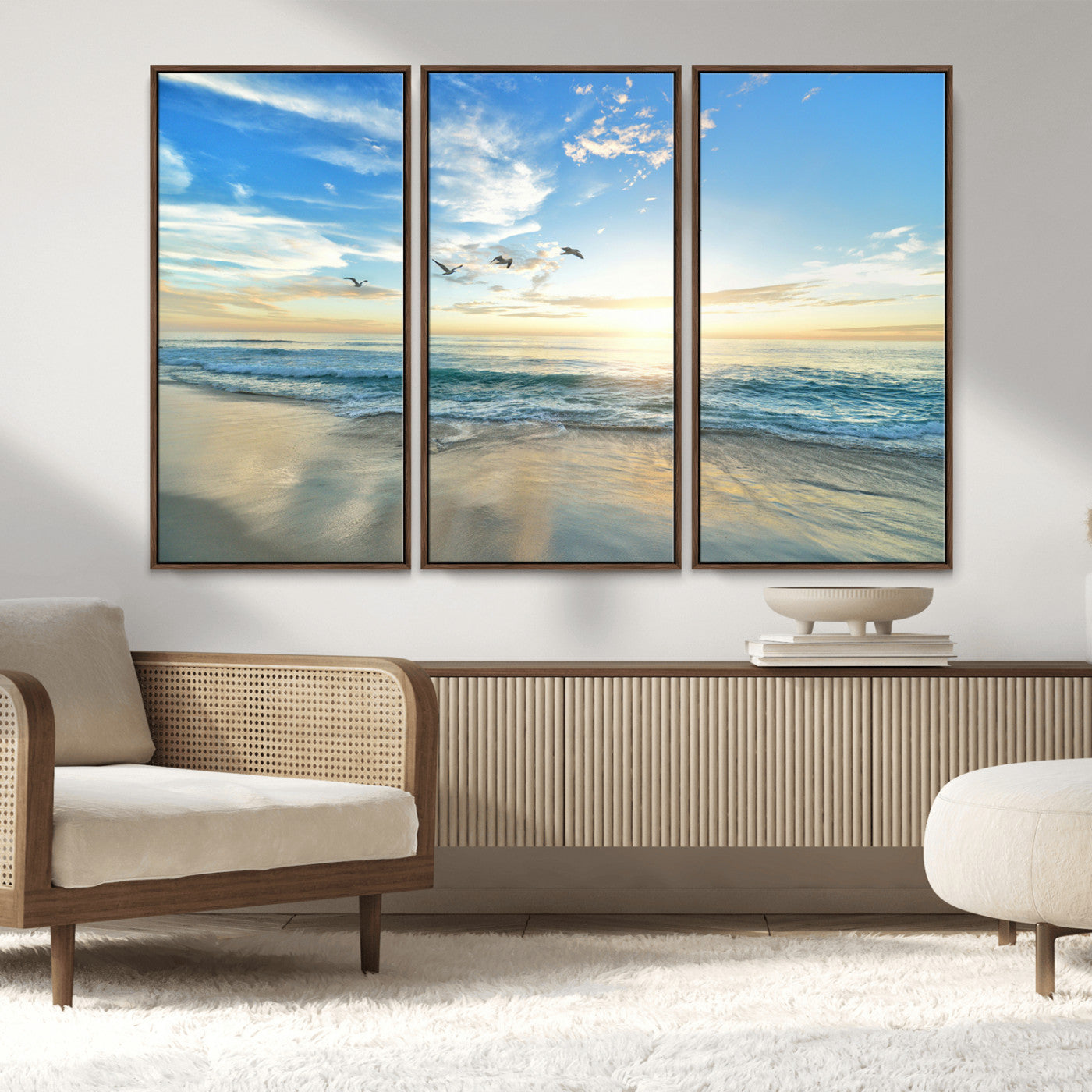MGV-FC-48X32-3P - Minimalist Seaside Wall Art Canvas Print, Framed Morning Glow Art Picture Print, Golden Reflections Perfect Coastal Minimalist Decor Artwork