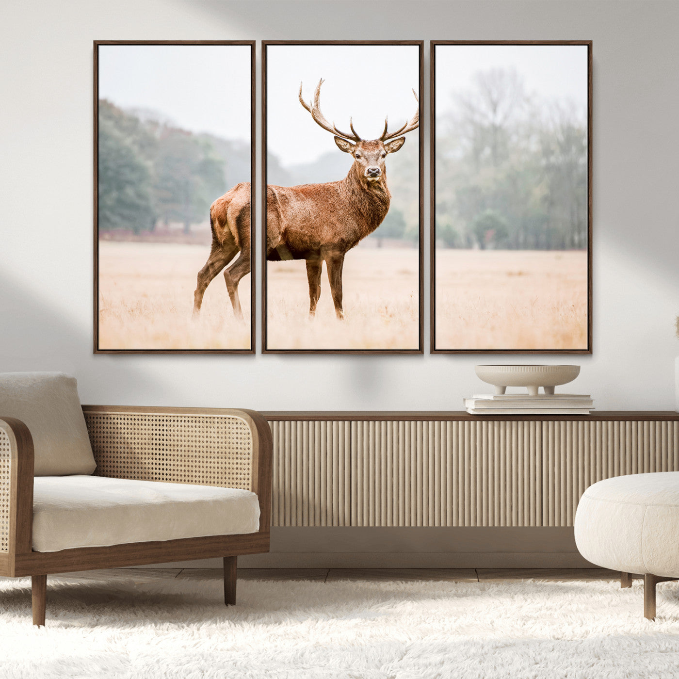 MGV-FC-48X32-3P - Vintage Wildlife Art Wall Art Canvas Print, Framed Misty Landscape Art Picture Print, Deer Wall Art Perfect Rustic Wildlife Decor Artwork
