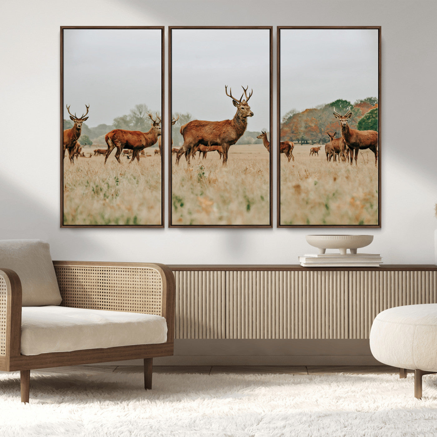 MGV-FC-48X32-3P - Rustic Deer Print Wall Art Canvas Print, Framed Autumn Nature Canvas Art Picture Print, Wildlife Art Print Perfect Rustic Wildlife Decor Artwork